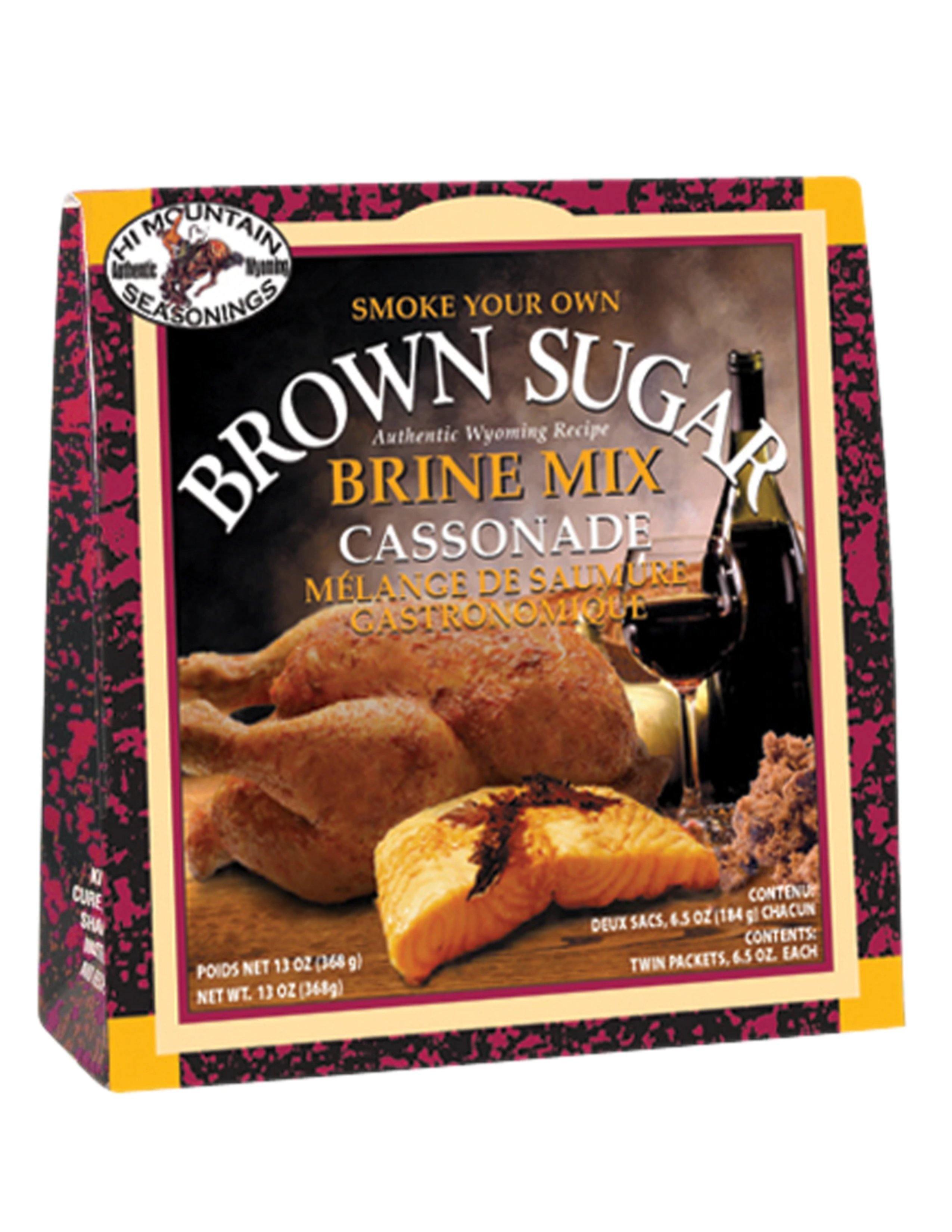 Hi Mountain Seasonings Brown Sugar Brine Mix packaging with smoked chicken, cheese, and wine.