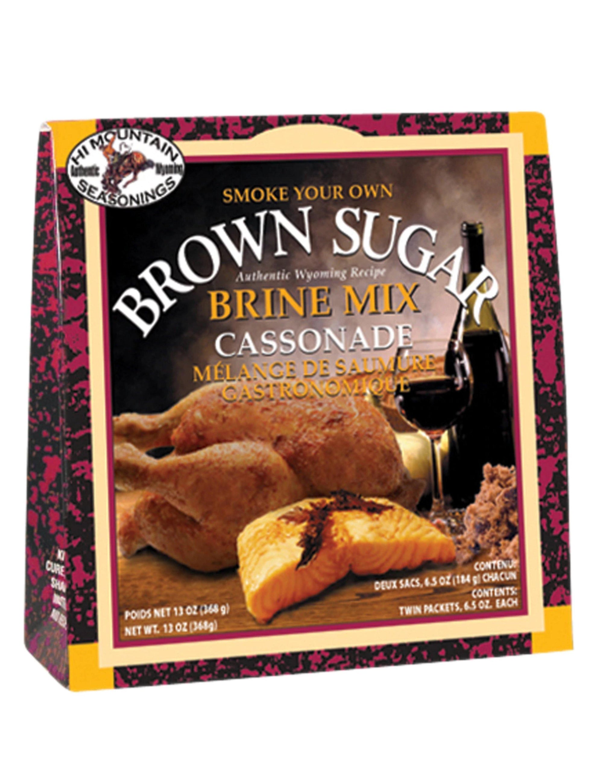 Hi Mountain Seasonings Brown Sugar Brine Mix packaging with smoked chicken, cheese, and wine.