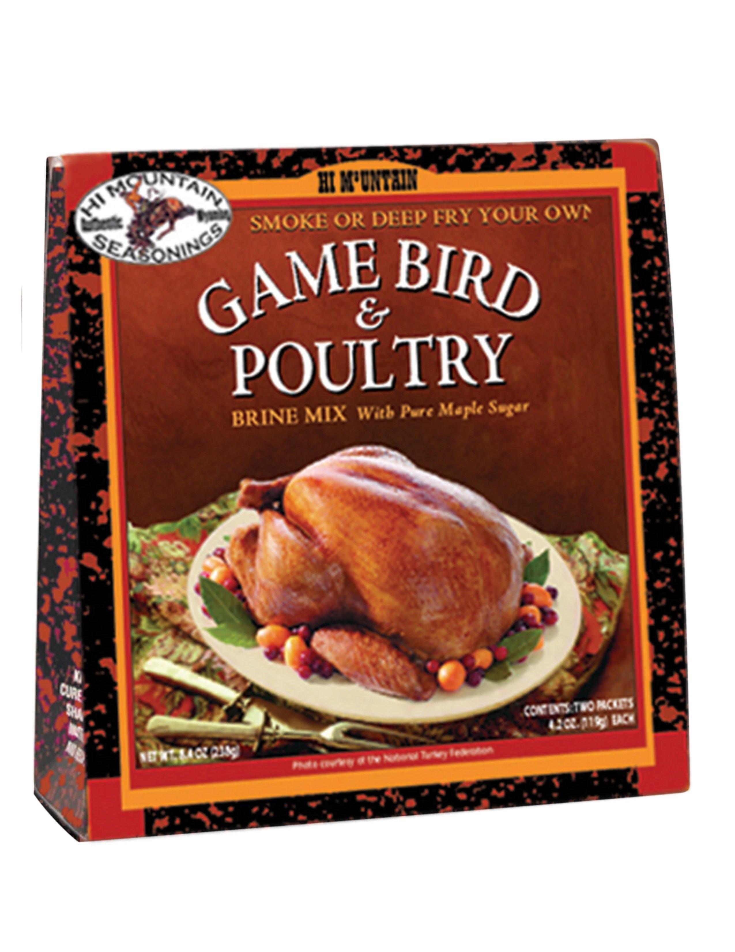 Hi Mountain Game Bird & Poultry Brine Mix box with roasted turkey on the front