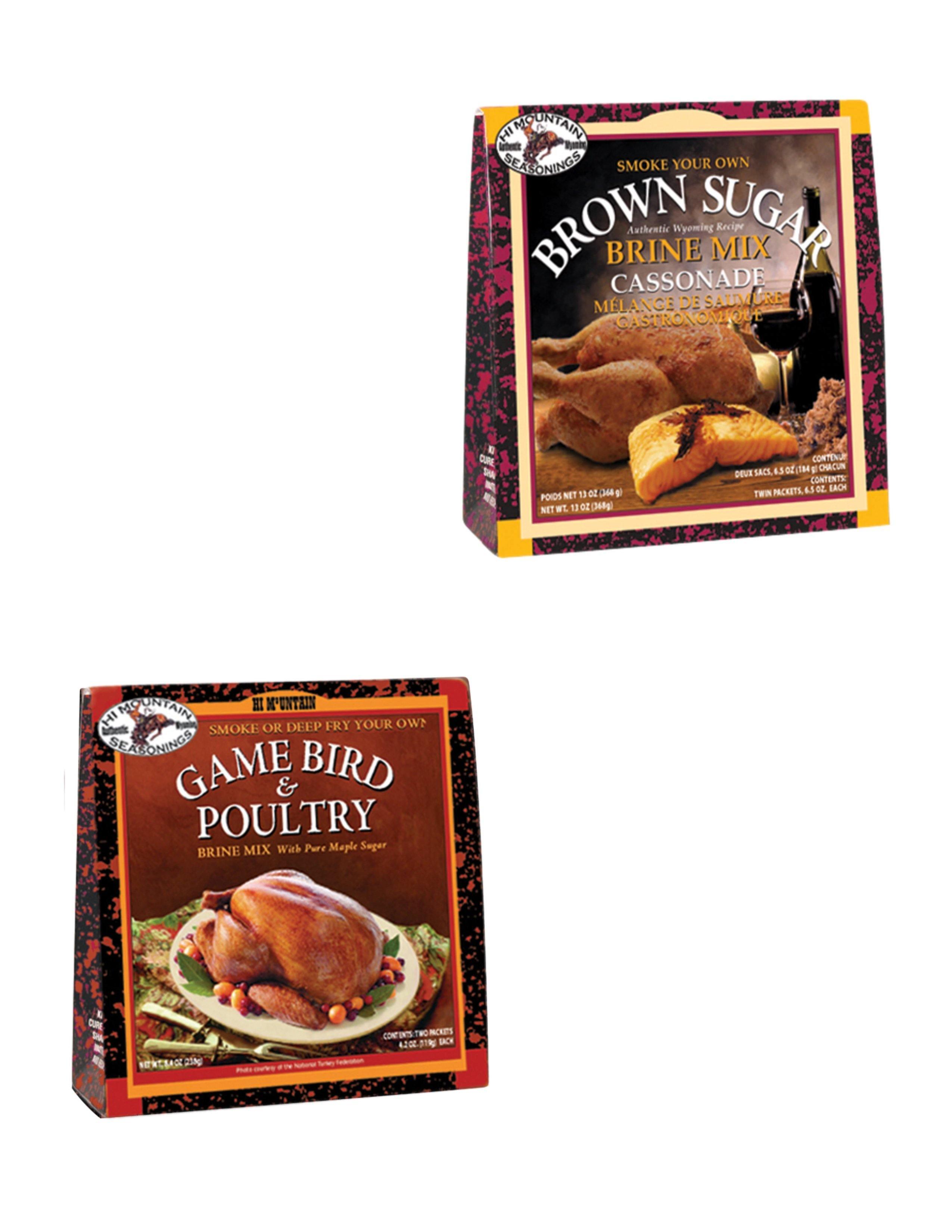 Hi Mountain brine mix boxes for brown sugar and game bird poultry with cooked poultry images