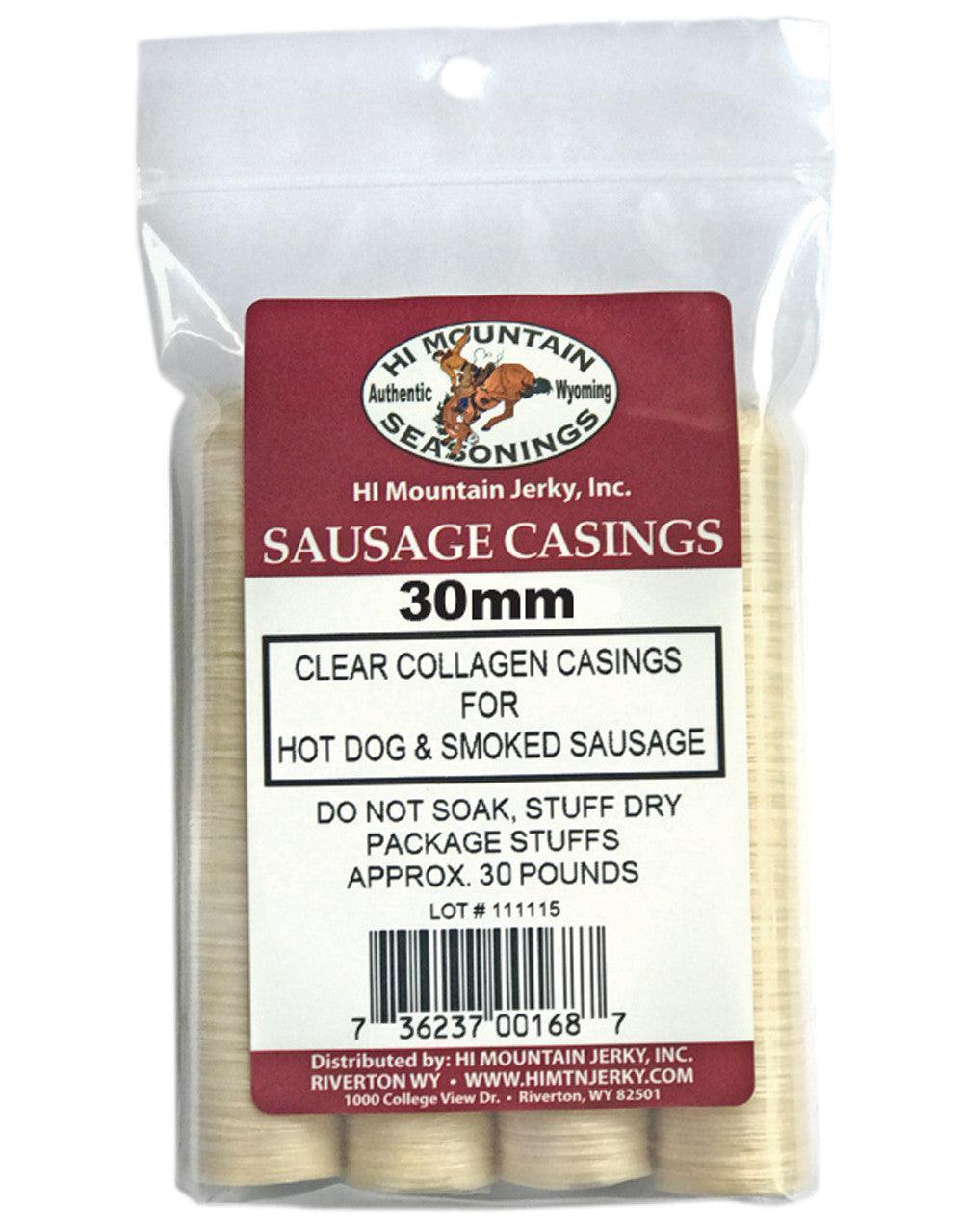 Package of Hi Mountain Seasonings 30mm clear collagen sausage casings for hot dog and smoked sausage