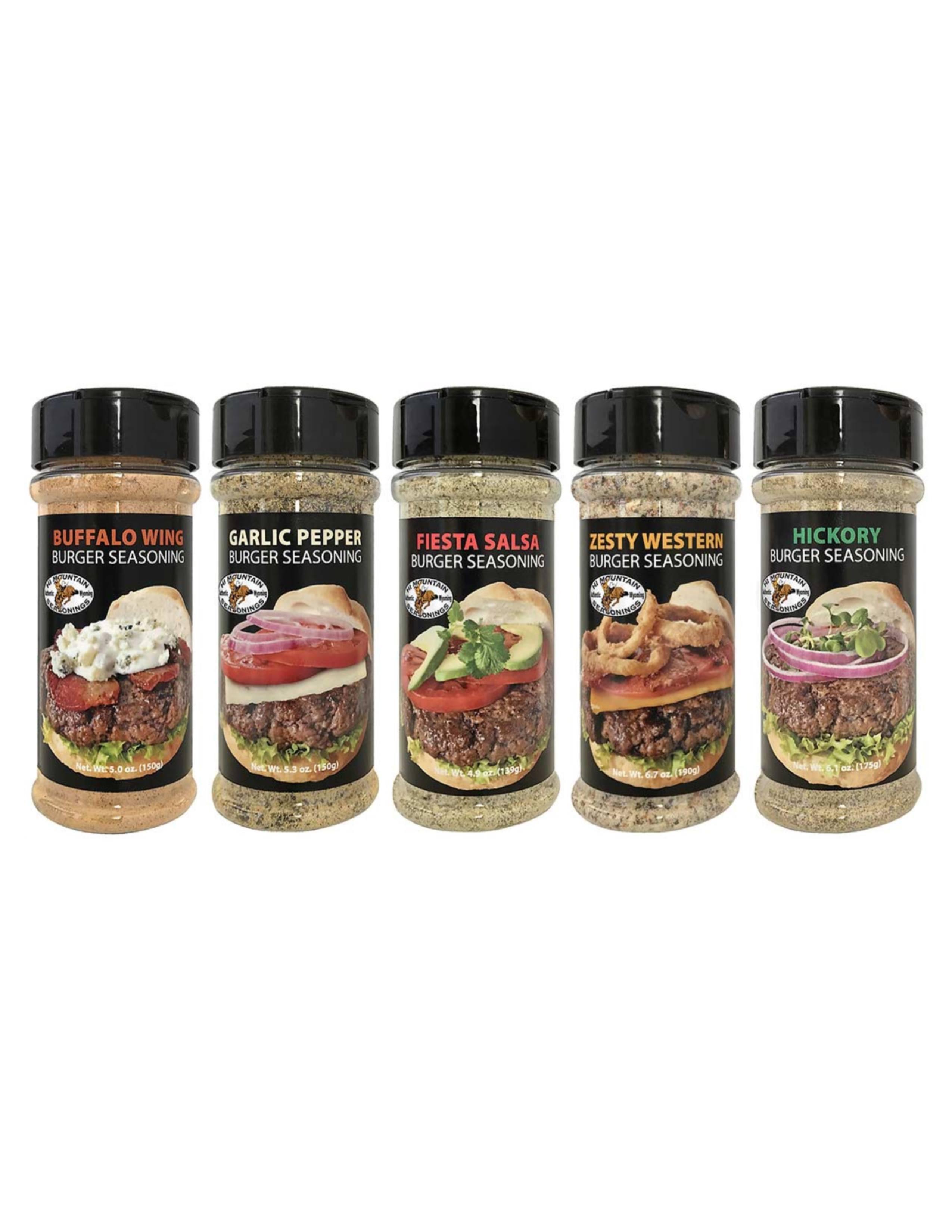Hi Mountain Gourmet Burger Seasonings assortment bottles, five flavors on white background