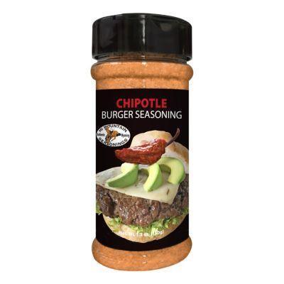 Hi Mountain Chipotle Burger Seasoning bottle with burger image and black label