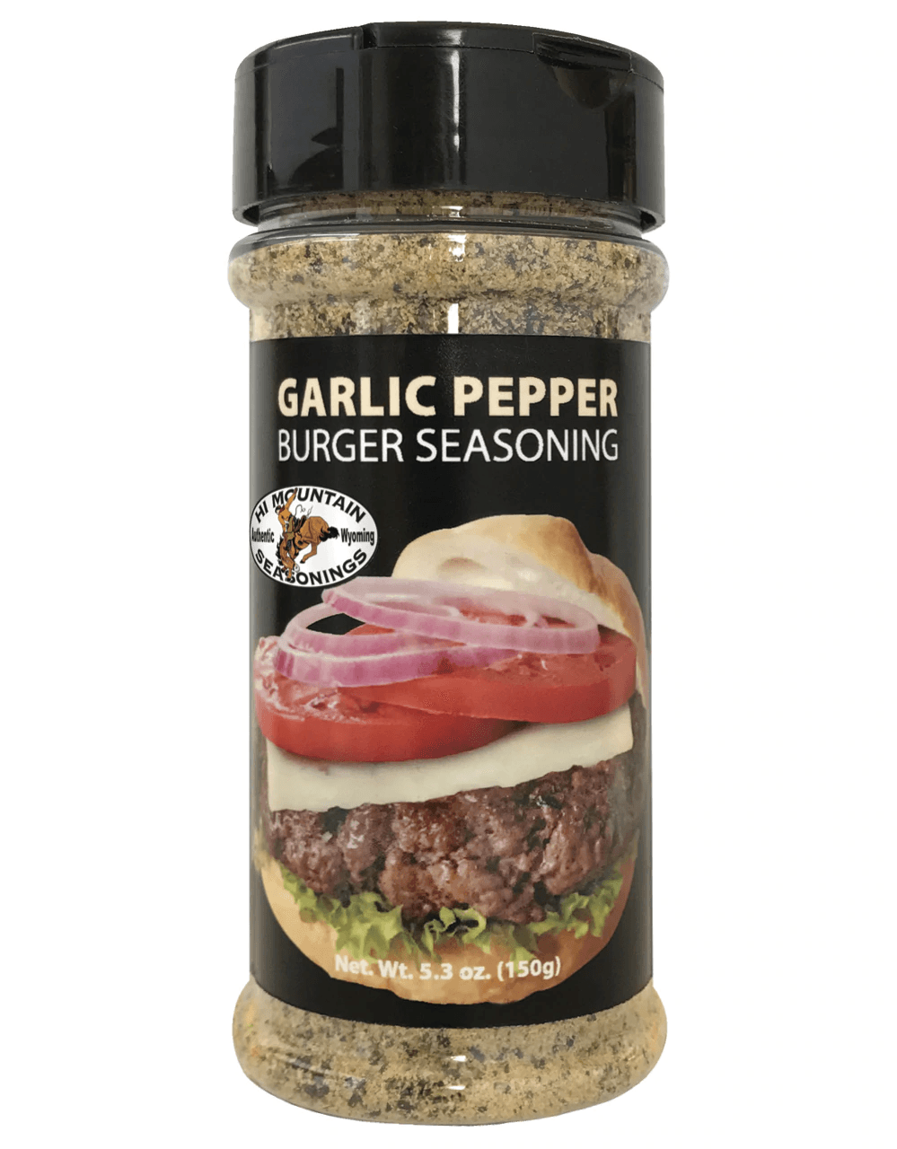 Hi Mountain Garlic Pepper Burger Seasoning bottle with burger image on label