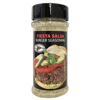 Hi Mountain Fiesta Salsa Burger Seasoning bottle with burger and vegetables on label
