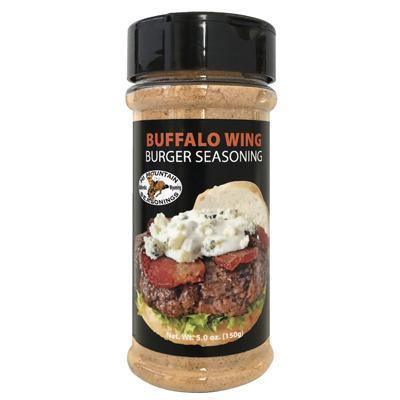 Buffalo Wing Burger Seasoning bottle with black lid and burger label, Hi Mountain brand