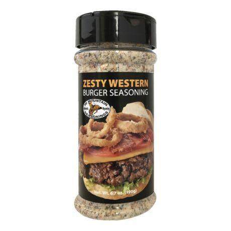 Zesty Western burger seasoning bottle with a burger image on the label