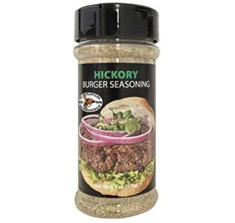 Hi Mountain Hickory Burger Seasoning bottle with burger image on black label