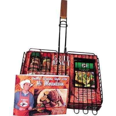 Hi Mountain grill basket with seasonings and marketing card for outdoor cooking