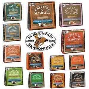 Assorted Hi Mountain Jerky Cure and Seasoning boxes with logo, outdoor food product