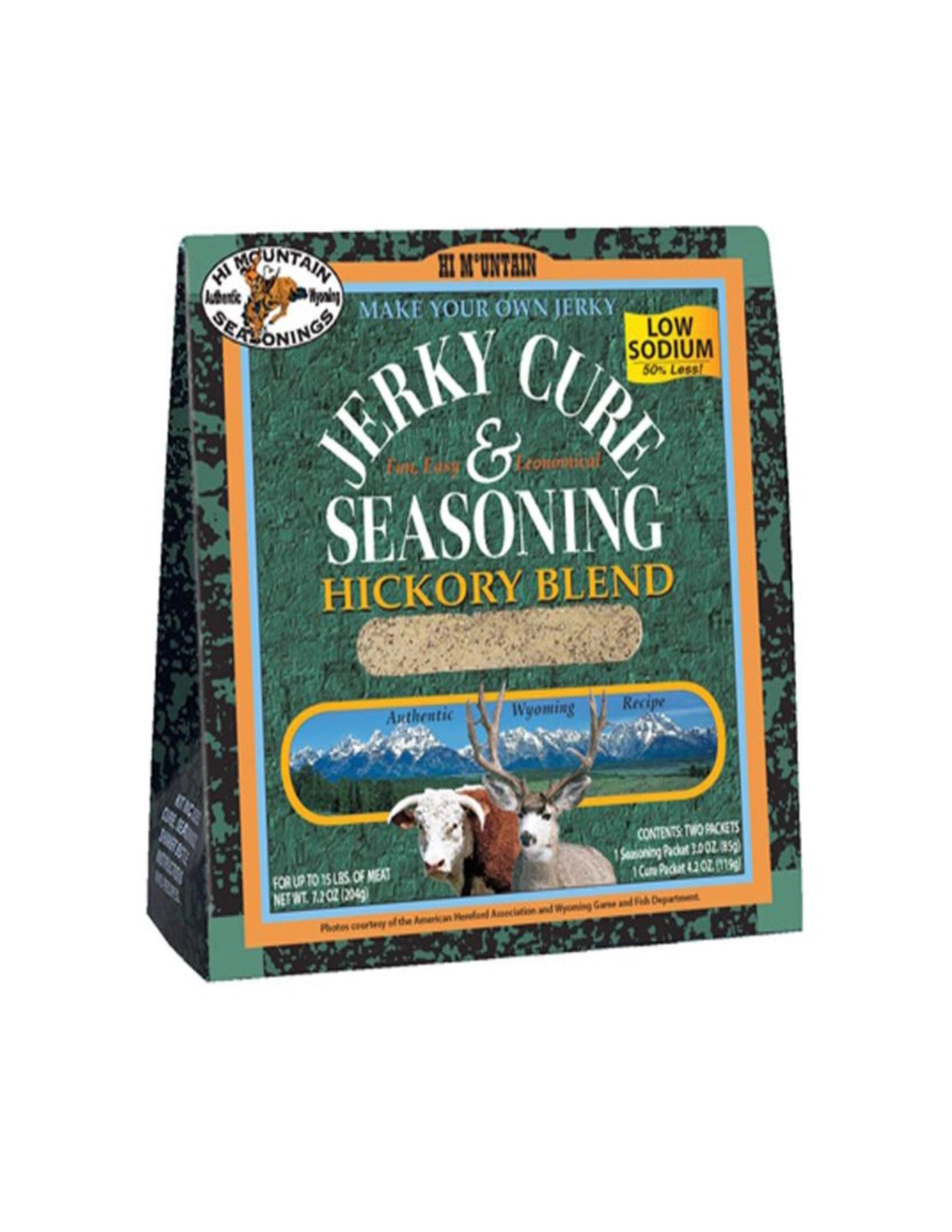 Hi Mountain Jerky Cure and Seasoning Hickory Blend box with Wyoming scenery and livestock images