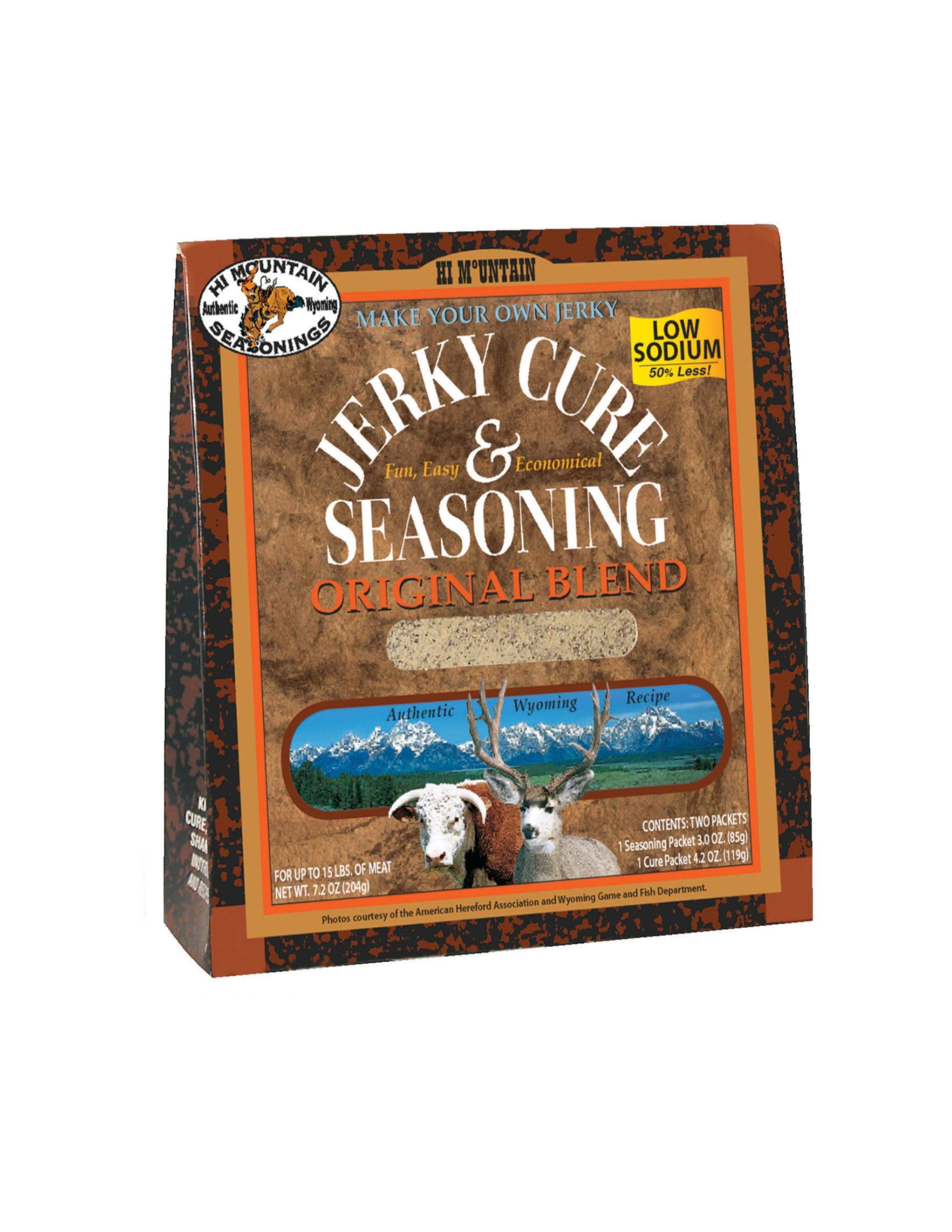 Hi Mountain Jerky Cure and Seasoning Original Blend box with Wyoming landscape and animals
