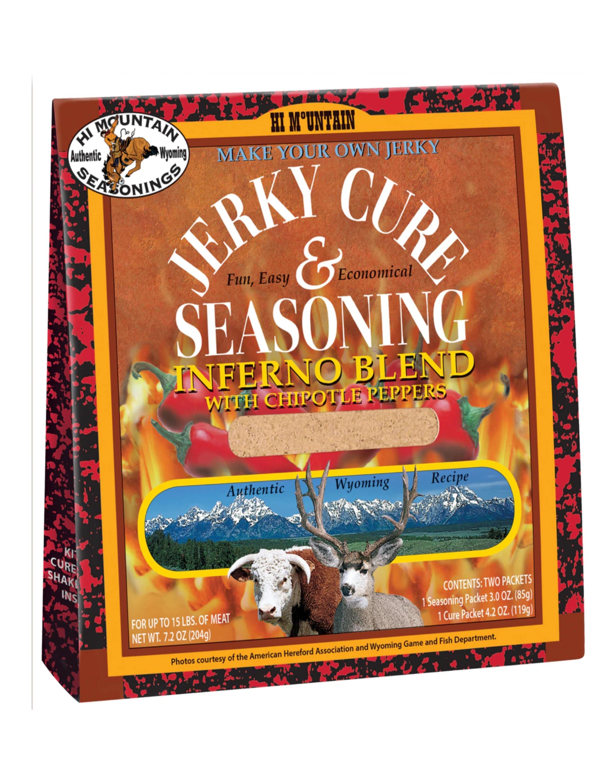 Hi Mountain Jerky Cure & Seasoning Inferno Blend box with chipotle peppers, wildlife, mountain scene