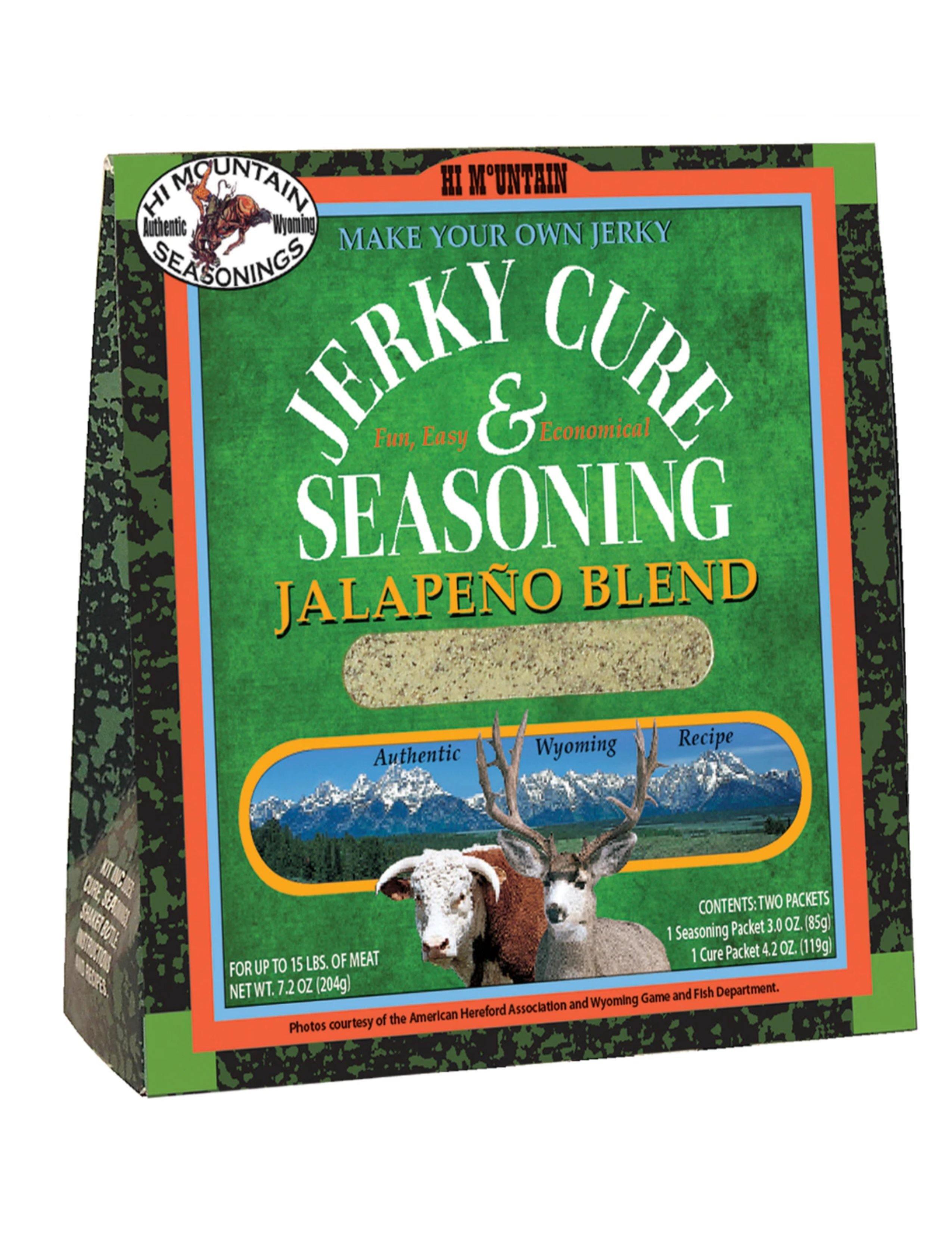 Hi Mountain Jerky Cure and Seasoning Jalapeño Blend box with Wyoming wildlife and mountains