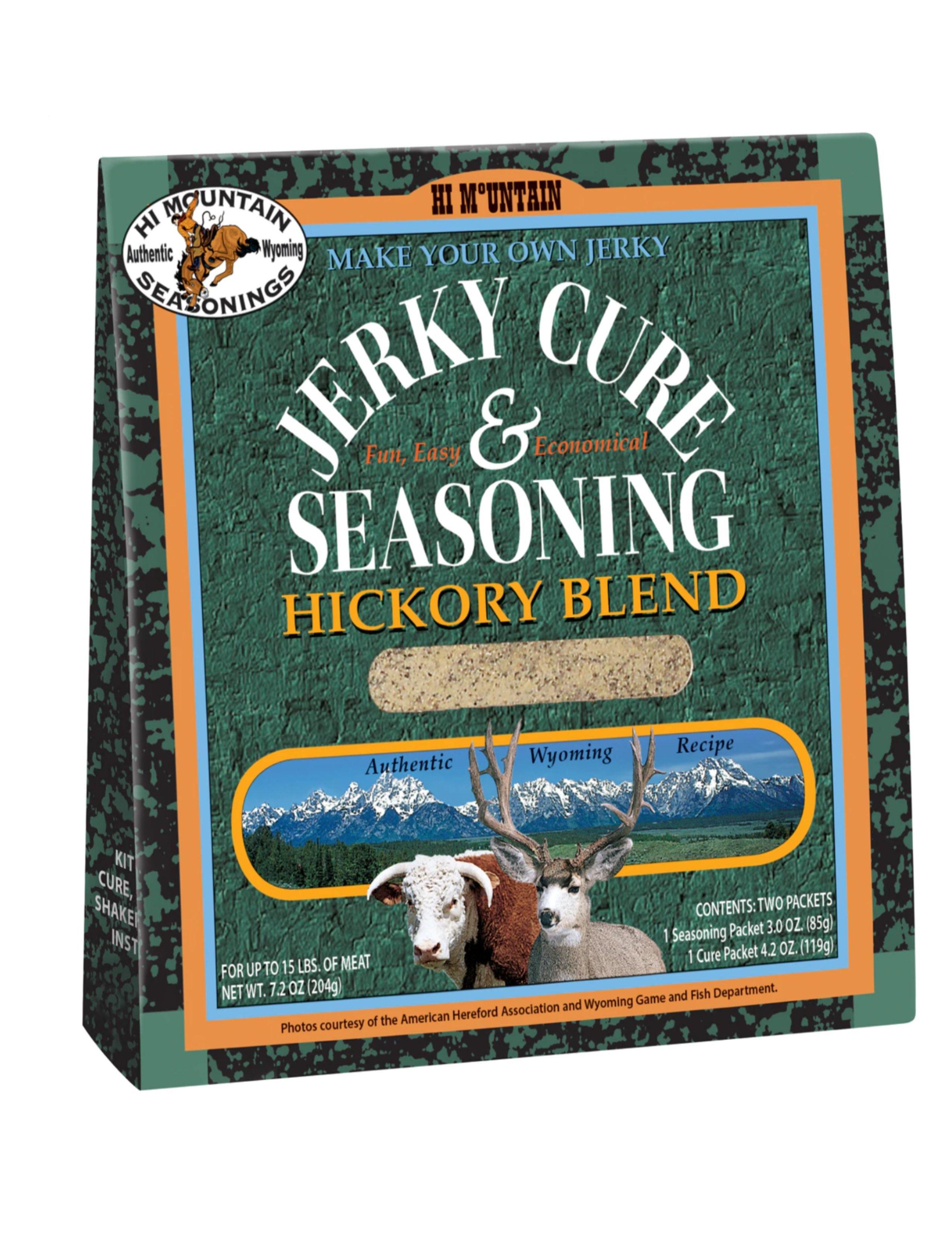 Hi Mountain Jerky Cure & Seasoning Hickory Blend box features Wyoming mountains, cow, and deer.
