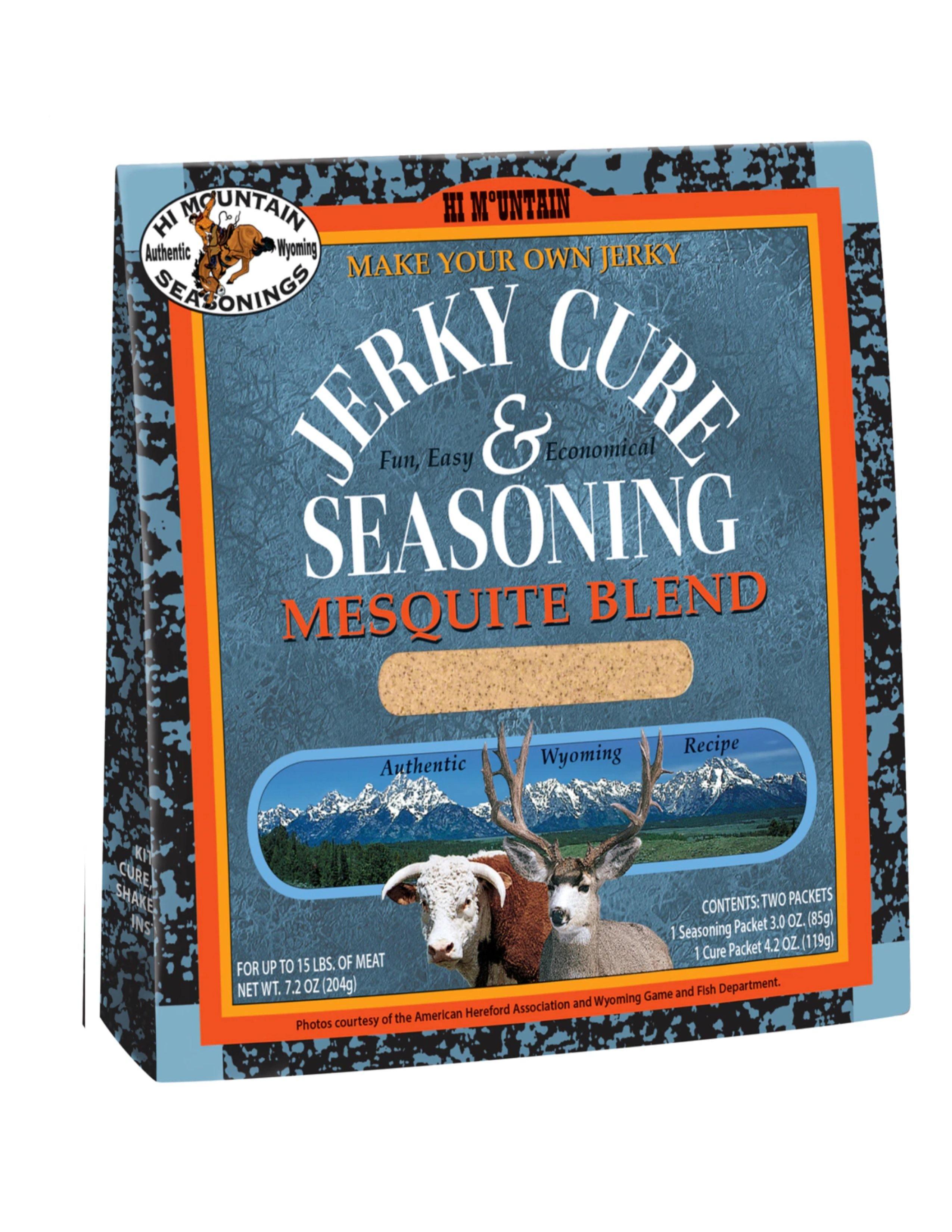 Hi Mountain Jerky Cure and Seasoning Mesquite Blend box with Wyoming landscape, cow, and deer