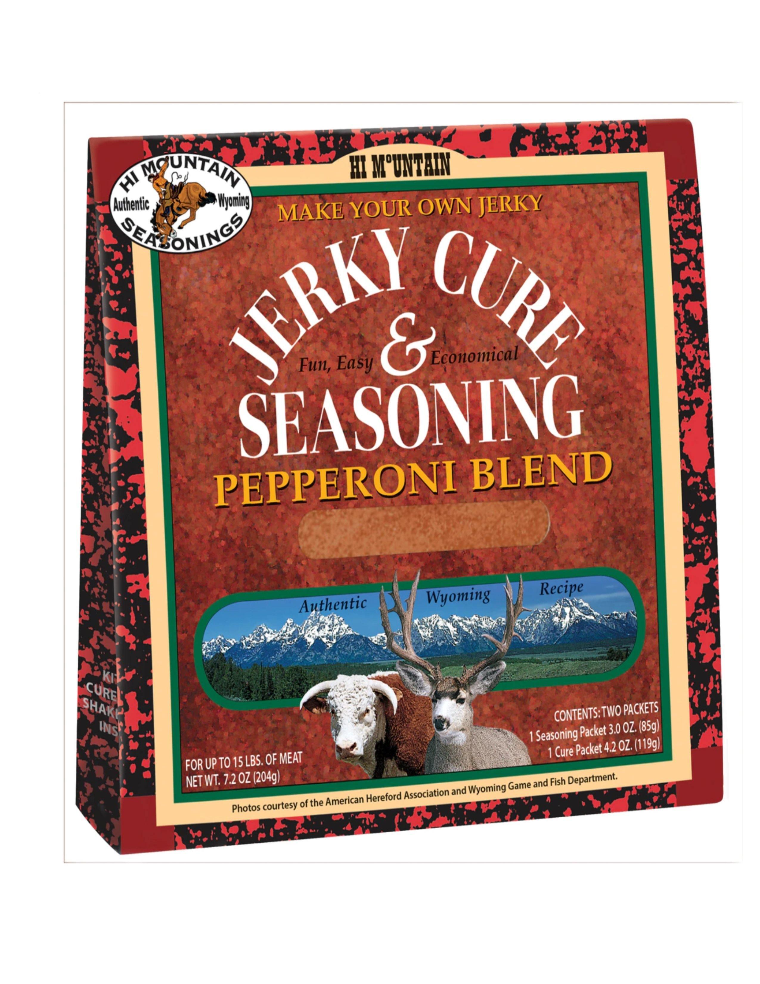 Hi Mountain Jerky Cure and Seasoning Pepperoni Blend box, Wyoming mountain scene, beef, deer