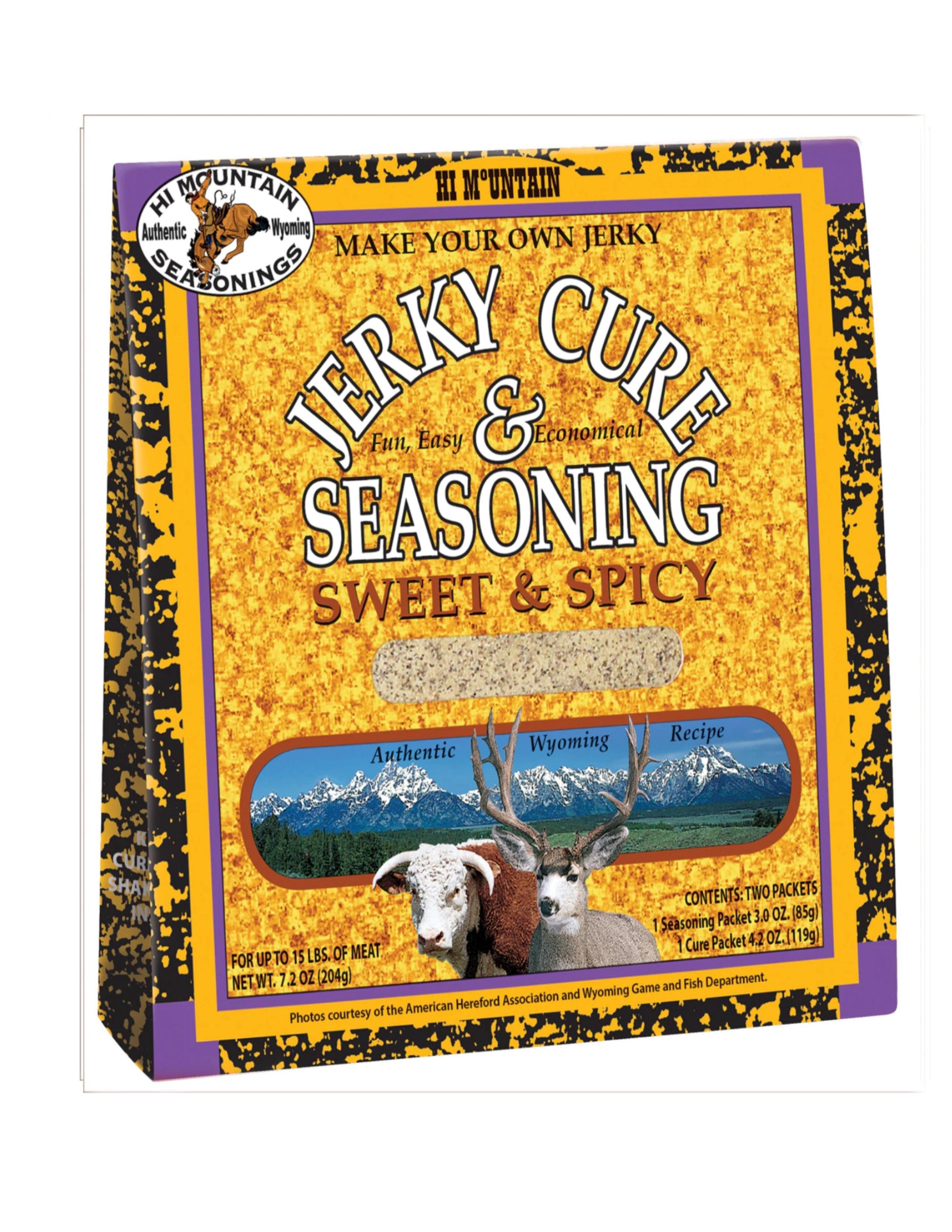 Hi Mountain Jerky Cure & Seasoning Sweet & Spicy box with mountain and animal images
