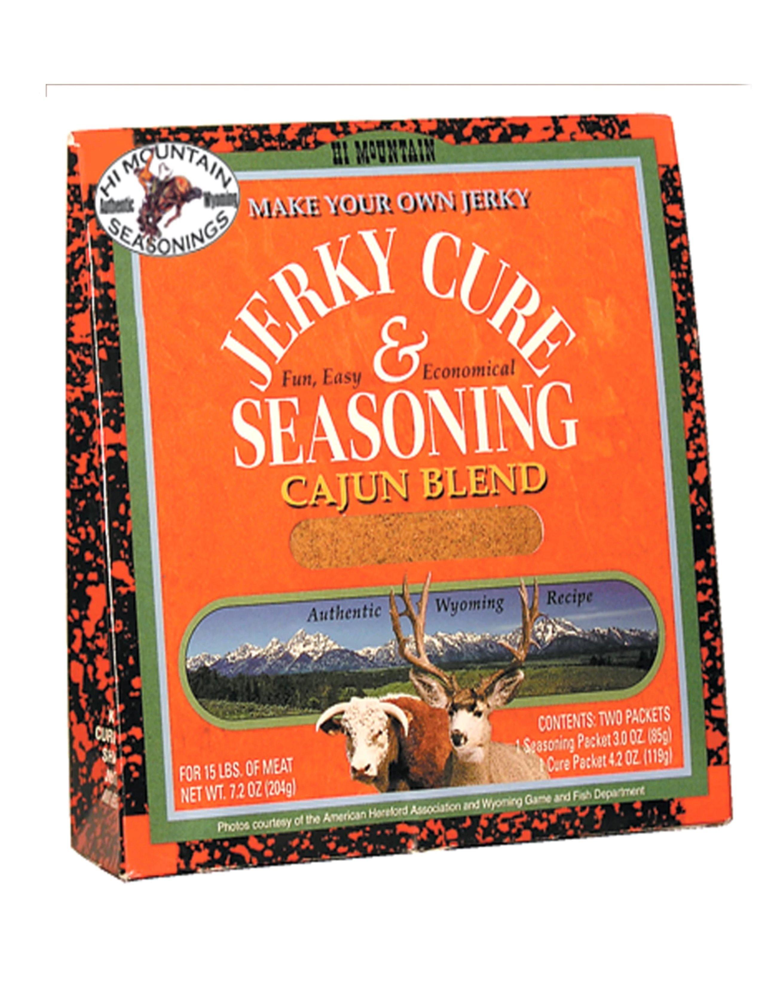 Hi Mountain Jerky Cure and Seasoning Cajun Blend box, Wyoming recipe, orange packaging