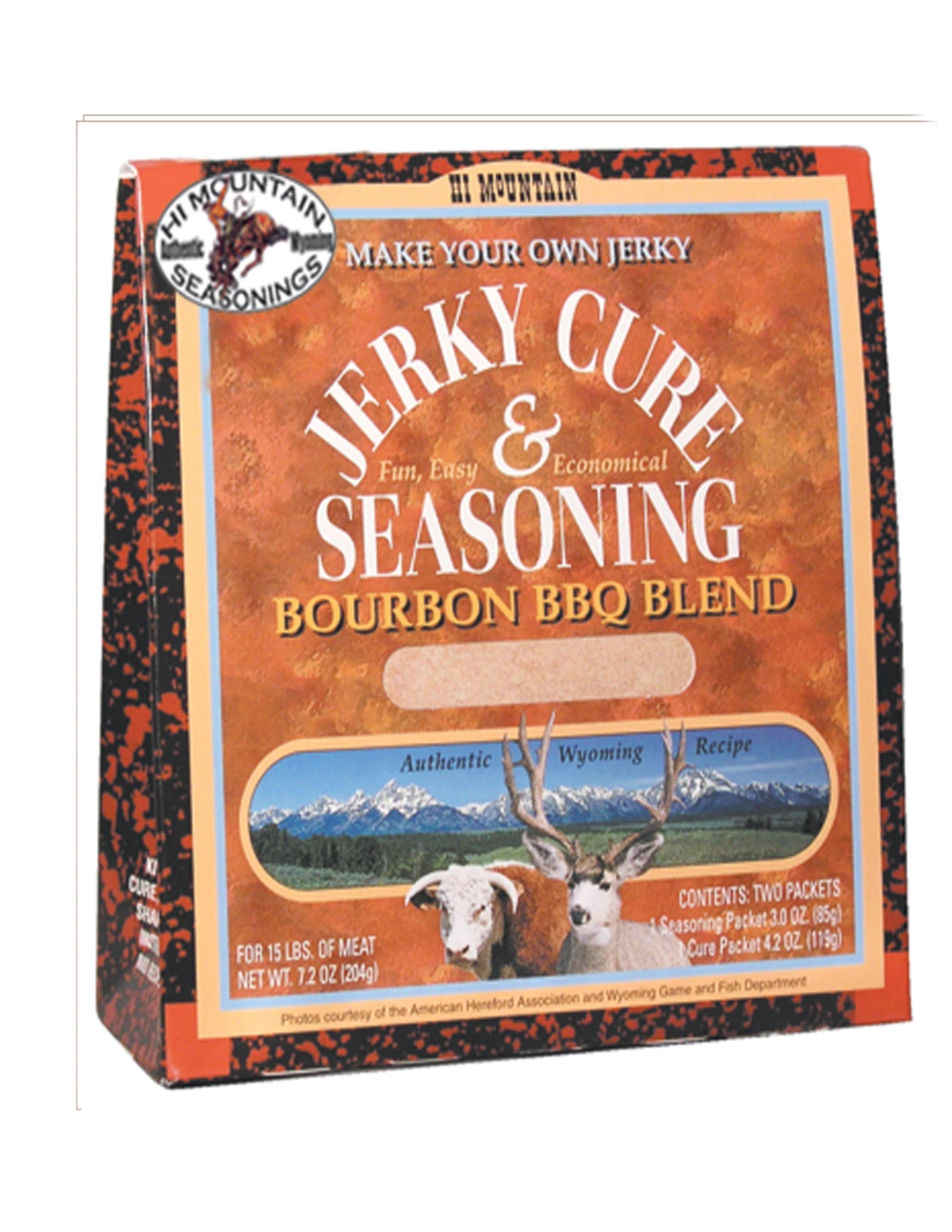 Hi Mountain Jerky Cure and Seasoning Bourbon BBQ Blend box with Wyoming landscape and animals