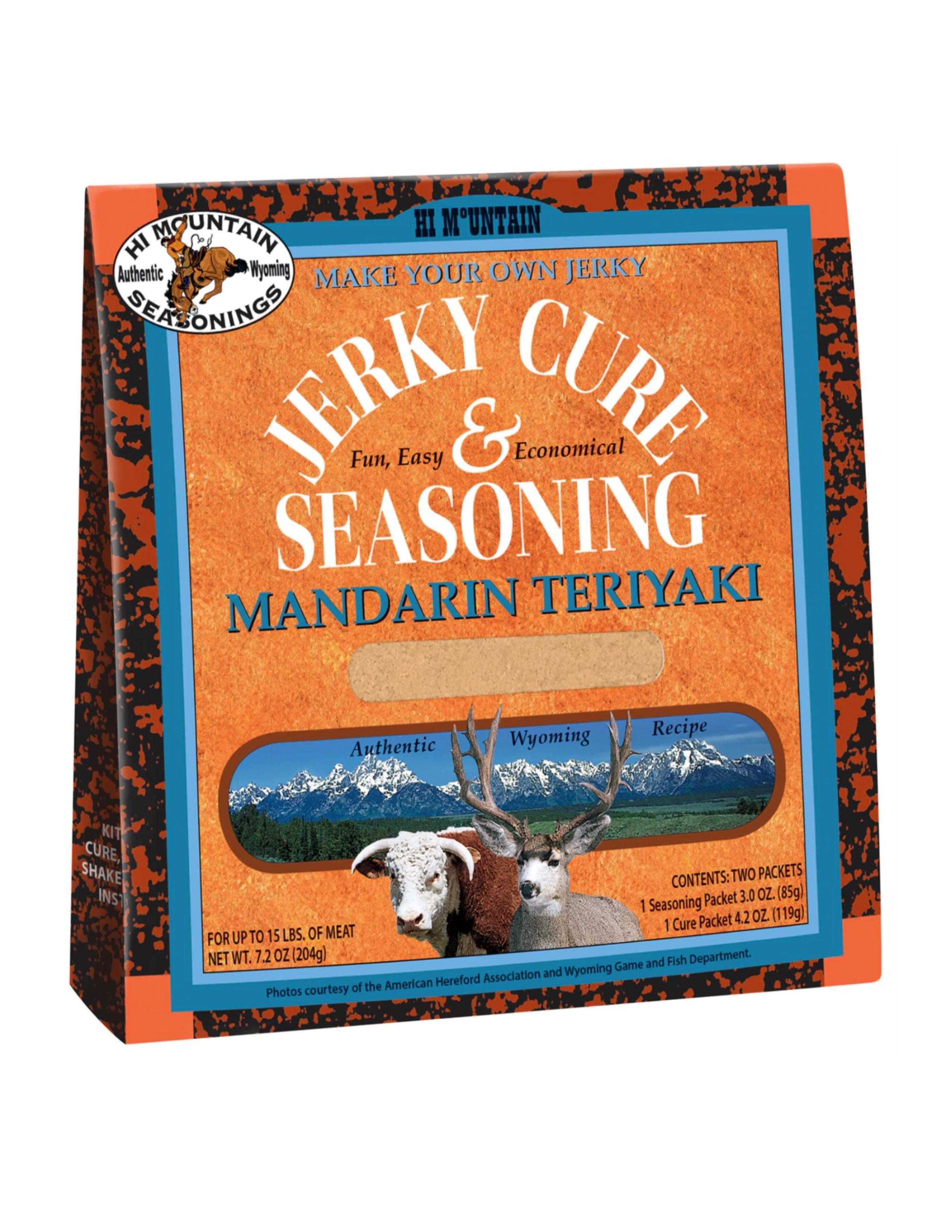 Hi Mountain Jerky Cure and Seasoning Mandarin Teriyaki box, orange packaging, Wyoming scene