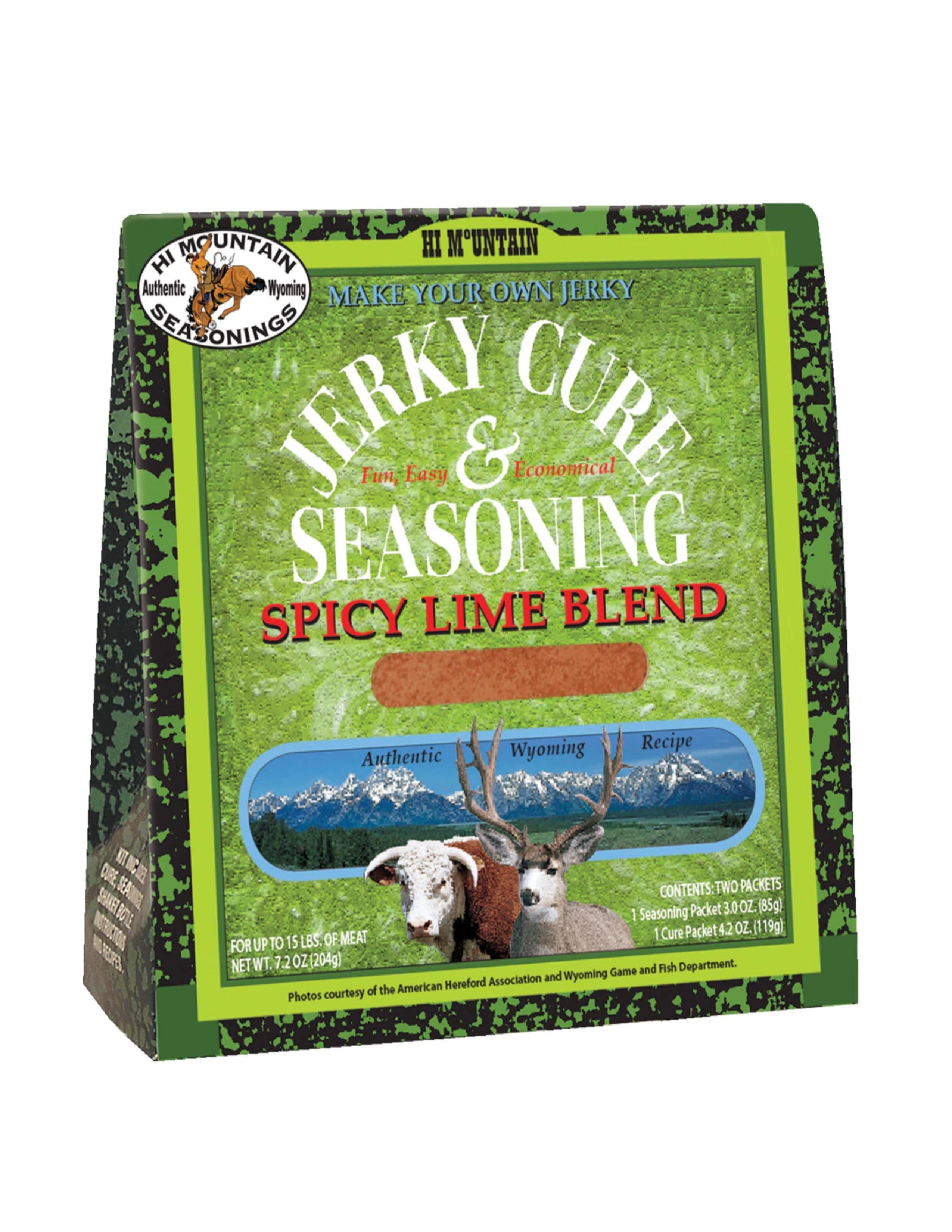 Hi Mountain Jerky Cure and Seasoning Spicy Lime Blend box with green design and Wyoming wildlife