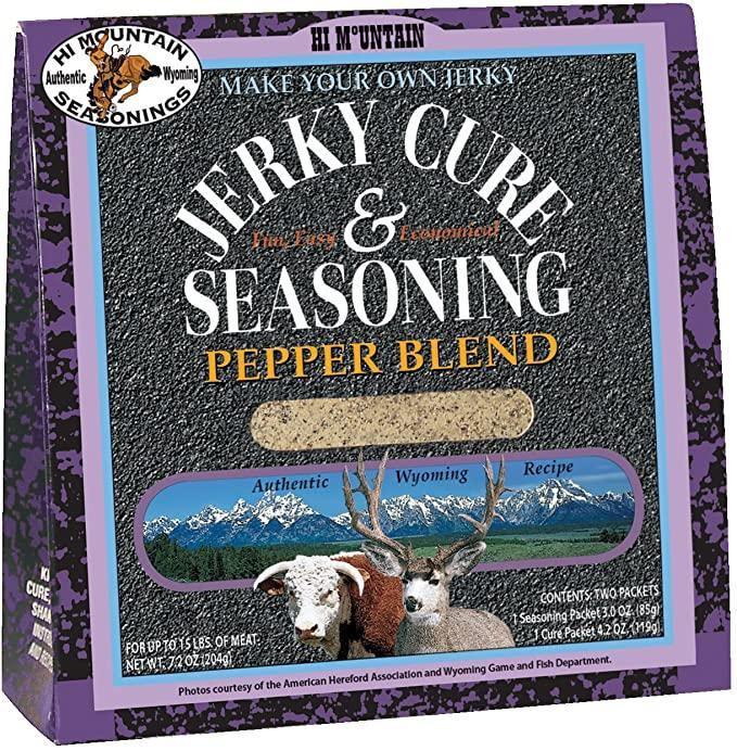 Hi Mountain Jerky Cure and Seasoning Pepper Blend box with mountain and animal images