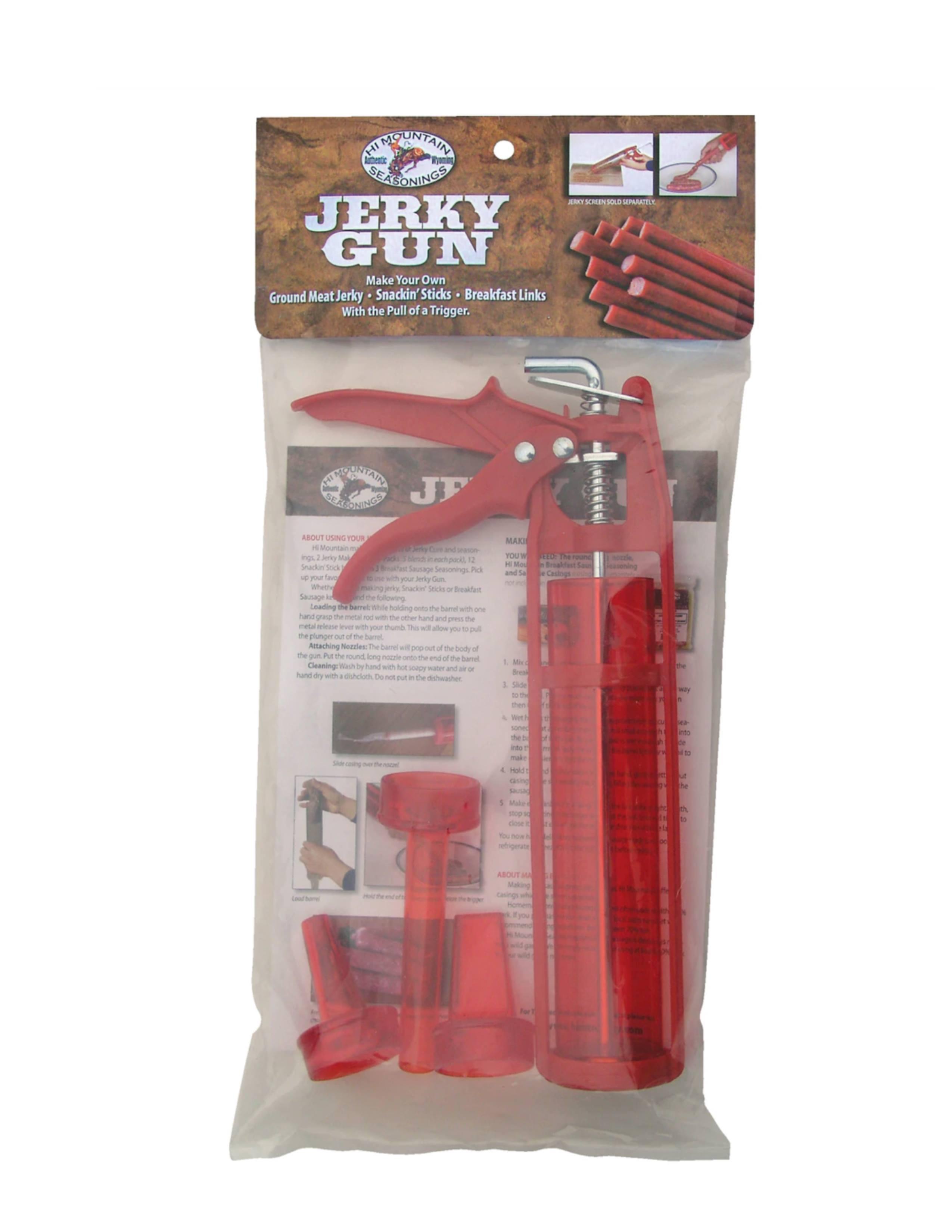 Hi Mountain Jerky Gun kit in packaging, red meat gun and attachments for making jerky sticks