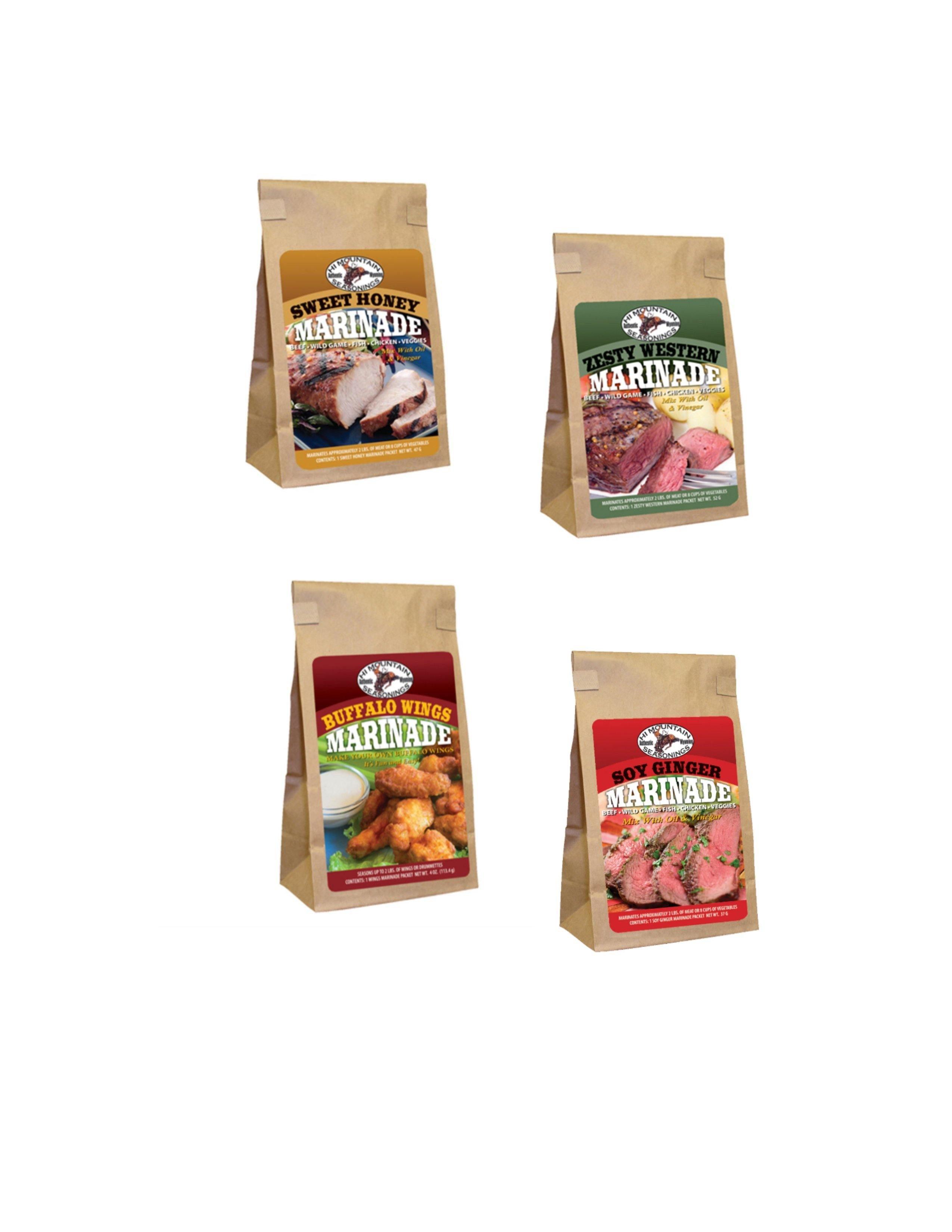 Hi Mountain marinade seasoning packs for meats, four flavors in brown pouches.