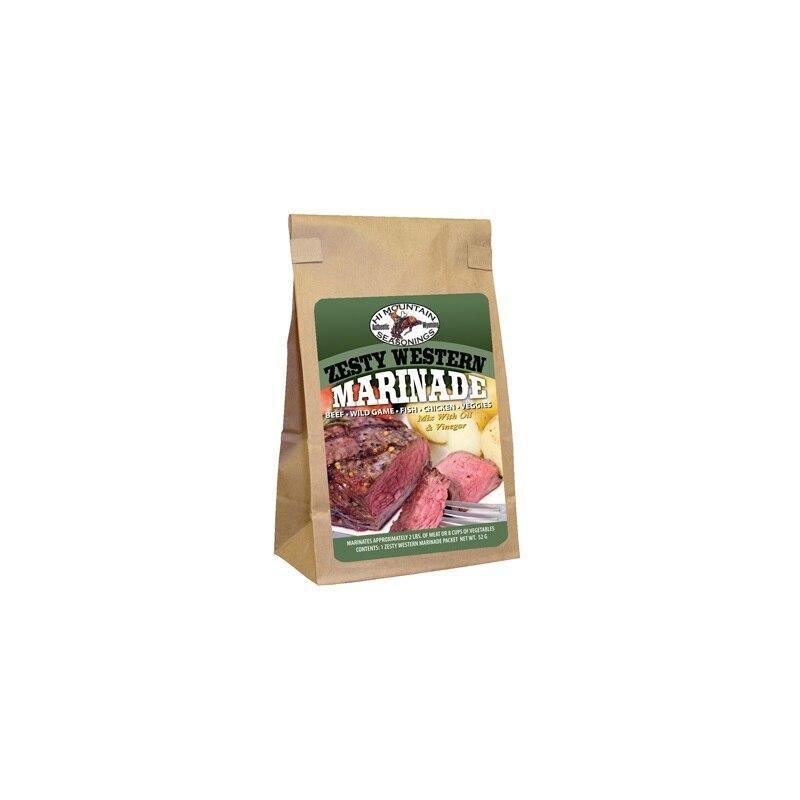 Hi Mountain Seasonings Tasty Western Marinade packet with sliced beef steak on label