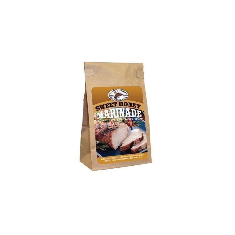 Hi Mountain Sweet Honey Marinade brown bag with grilled meat image on white background