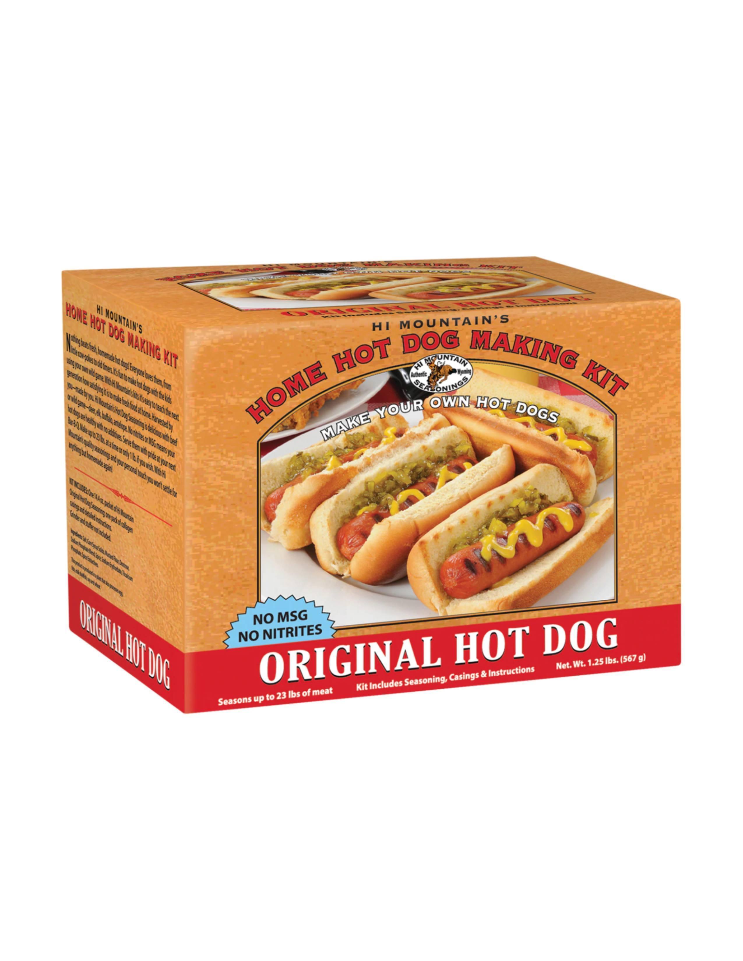 Hi Mountain Original Hot Dog Making Kit box with hot dogs on the packaging.