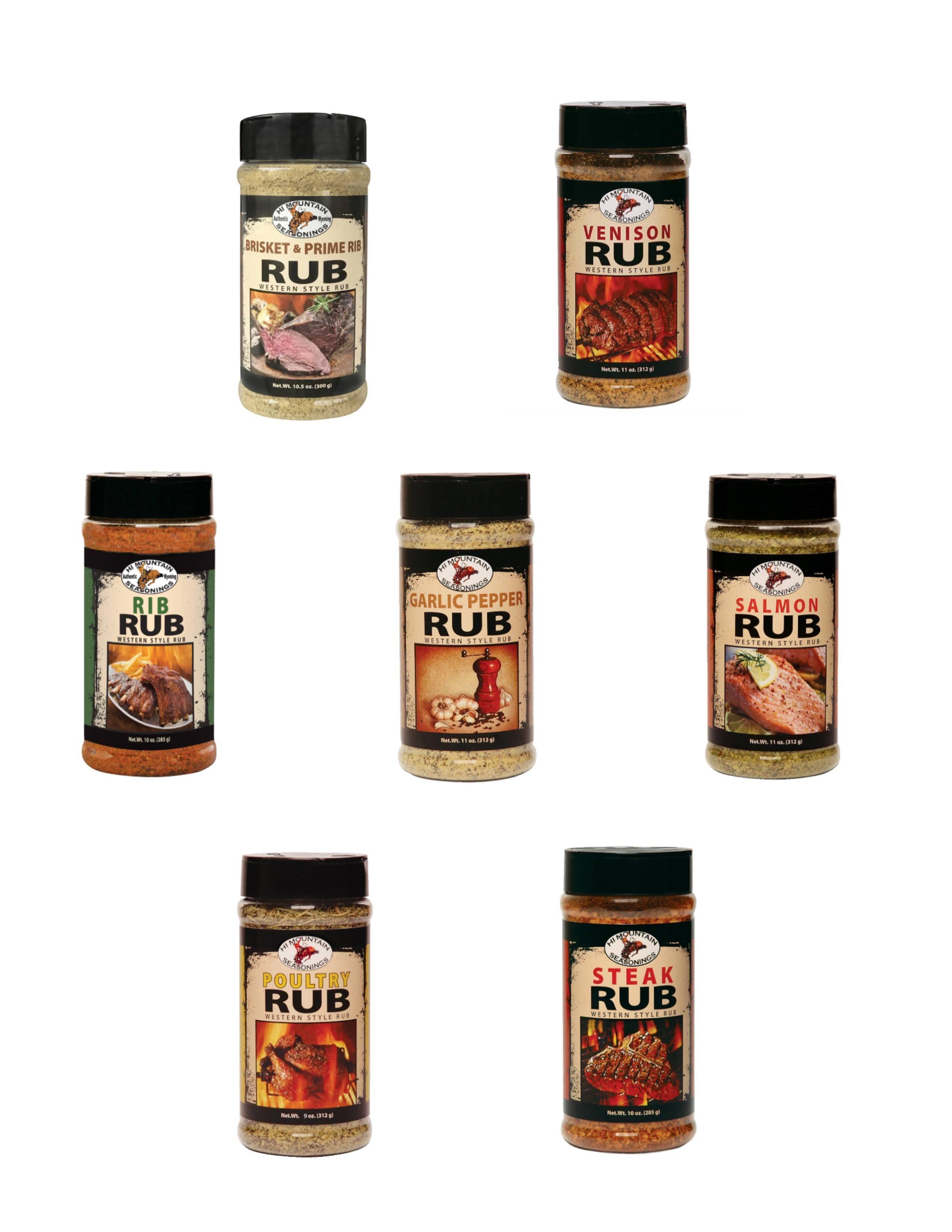 Hi Mountain Western Style Rub blends for brisket, venison, rib, garlic pepper, salmon, poultry, and steak.