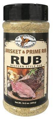 Hi Mountain Brisket & Prime Rib Rub seasoning bottle with Western style meat image