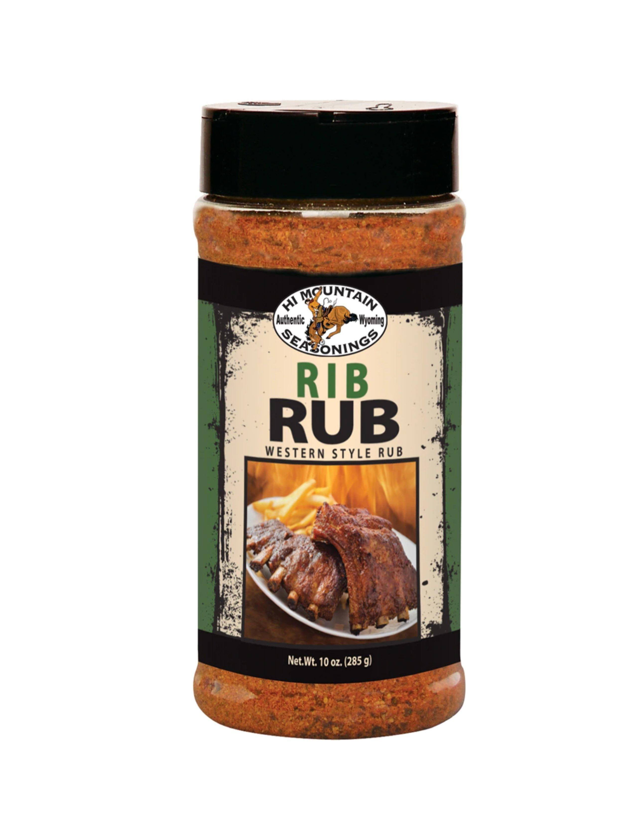 Hi Mountain Seasonings Rib Rub western style seasoning bottle with ribs and fries on label