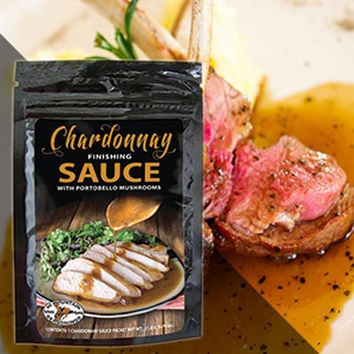 Chardonnay finishing sauce packet with portobello mushrooms next to plated lamb chops in sauce