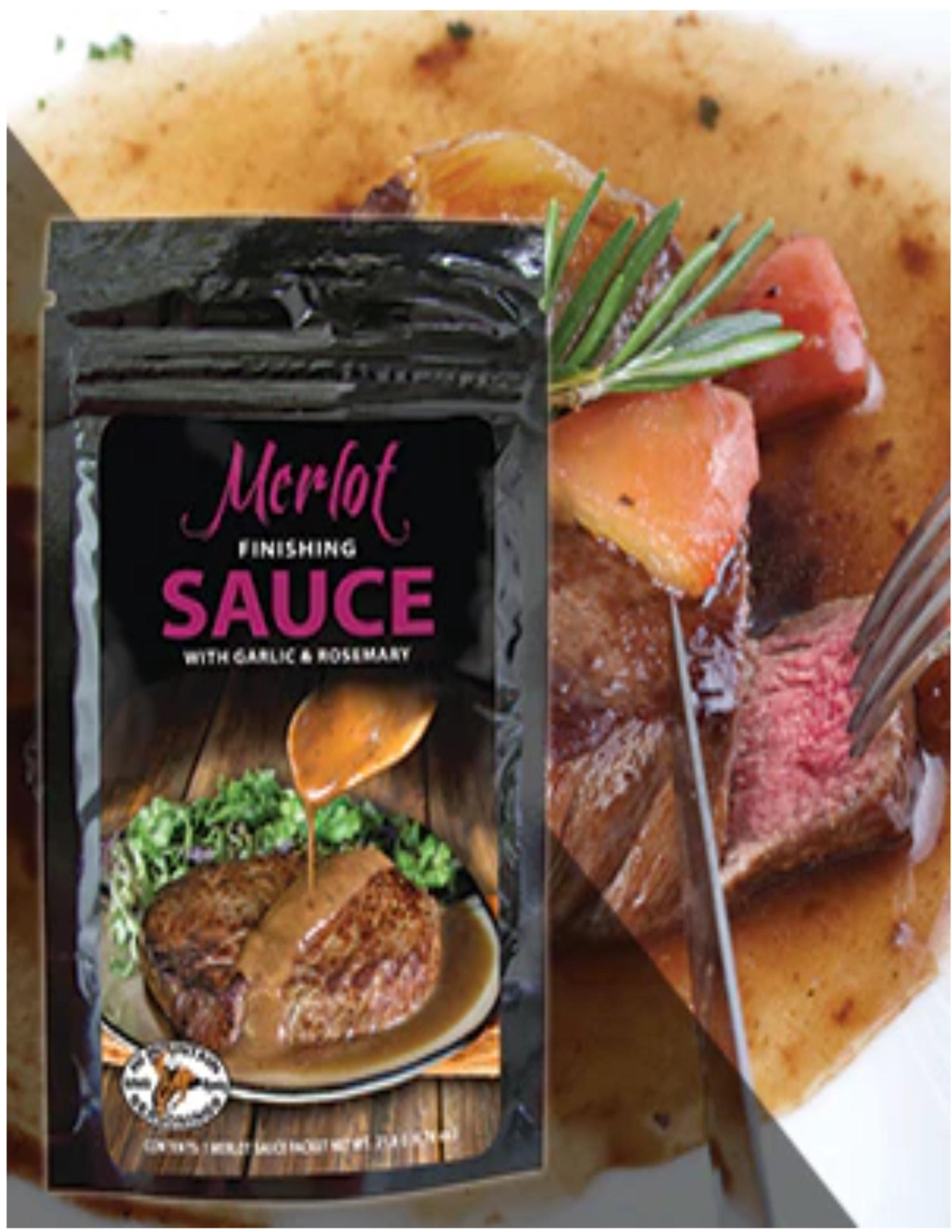 Merlot finishing sauce with garlic and rosemary packet next to steak with sauce and vegetables