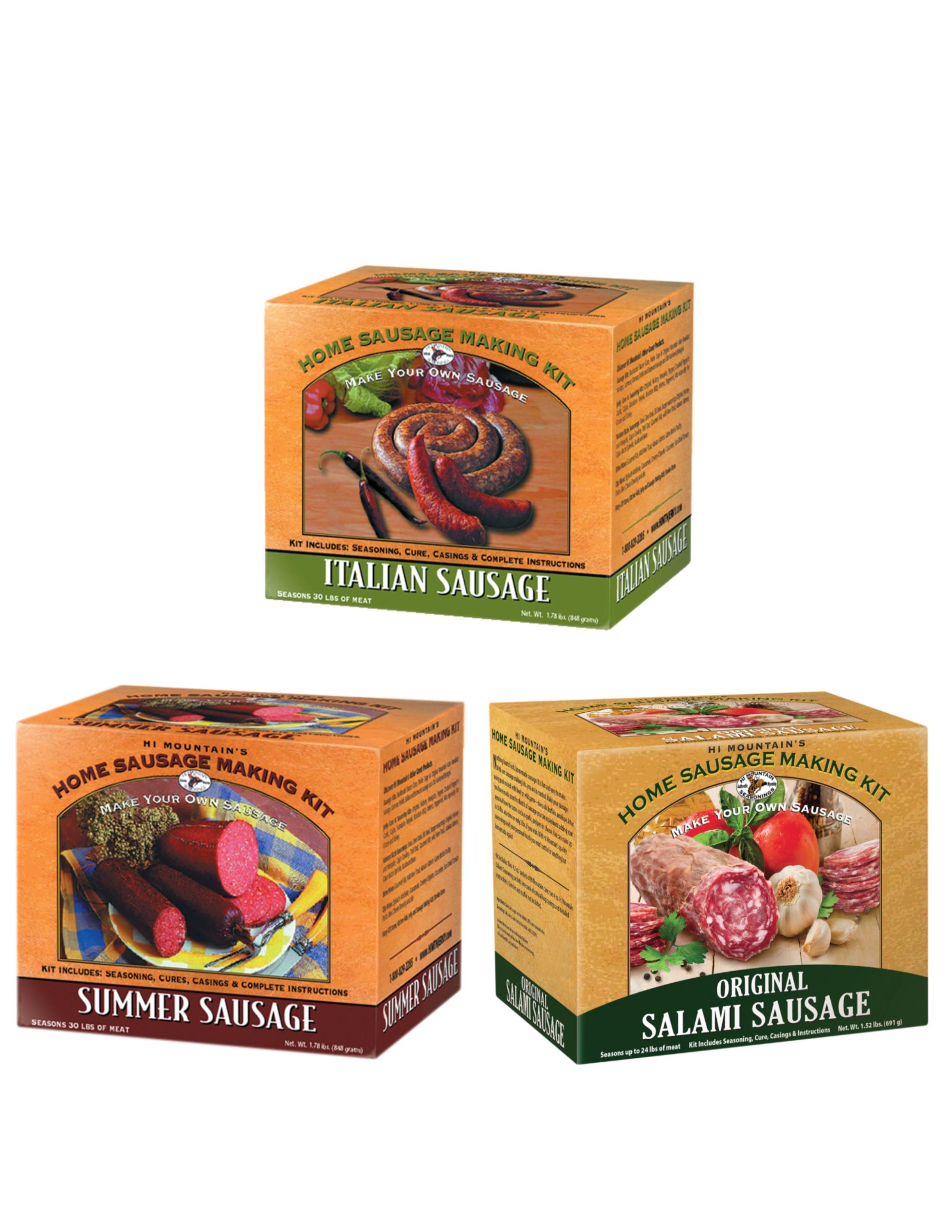 Hi Mountain sausage making kits for Italian, summer, and original salami sausage