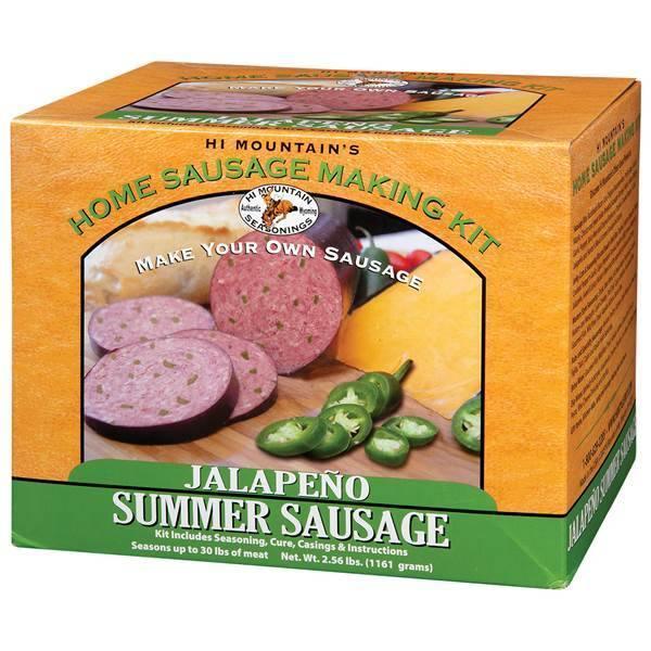 Hi Mountain Jalapeño Summer Sausage making kit box with sliced sausage and jalapeños