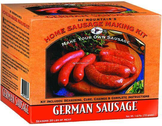 Hi Mountain German sausage making kit box with image of sausages and home sausage kit details