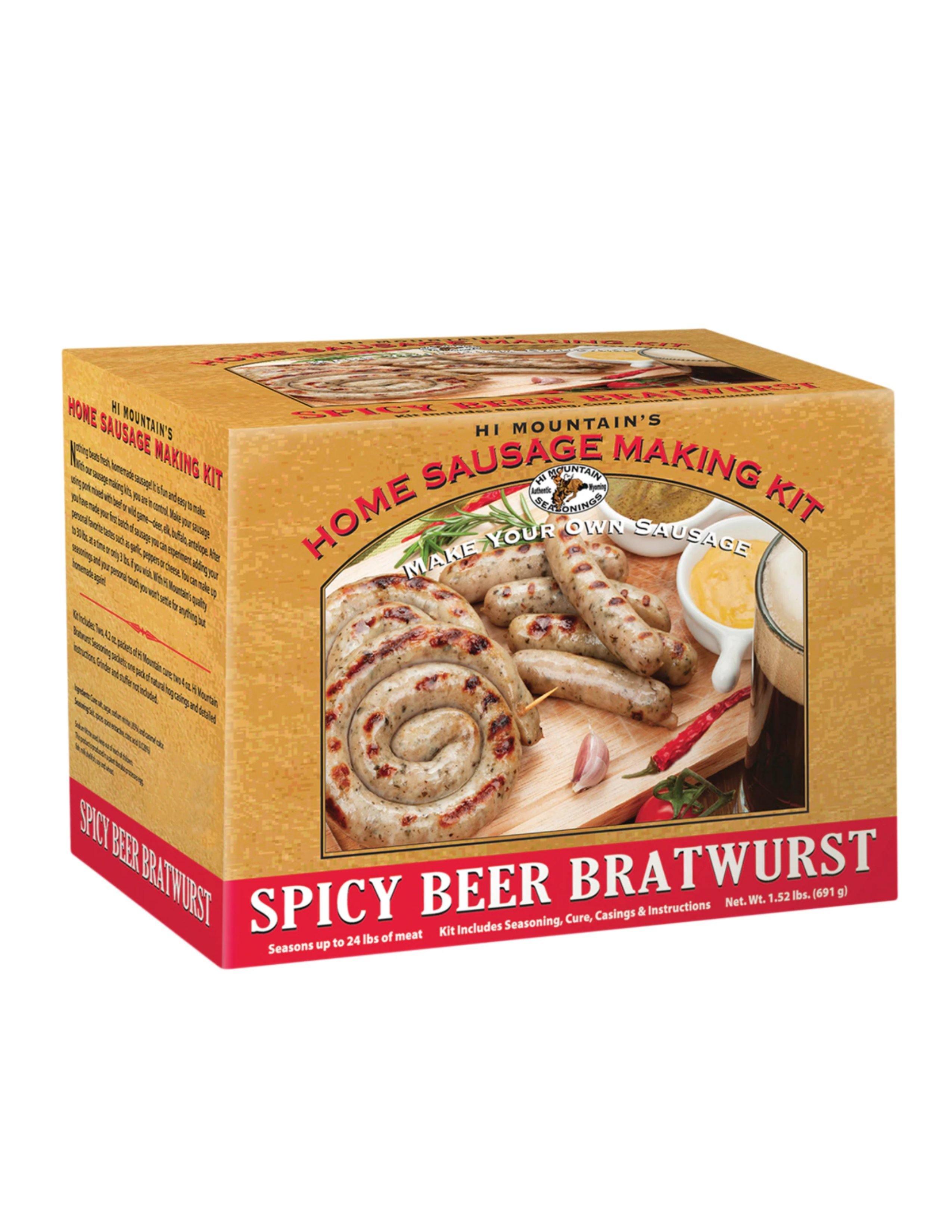 Hi Mountain spicy beer bratwurst home sausage making kit box with sausage image