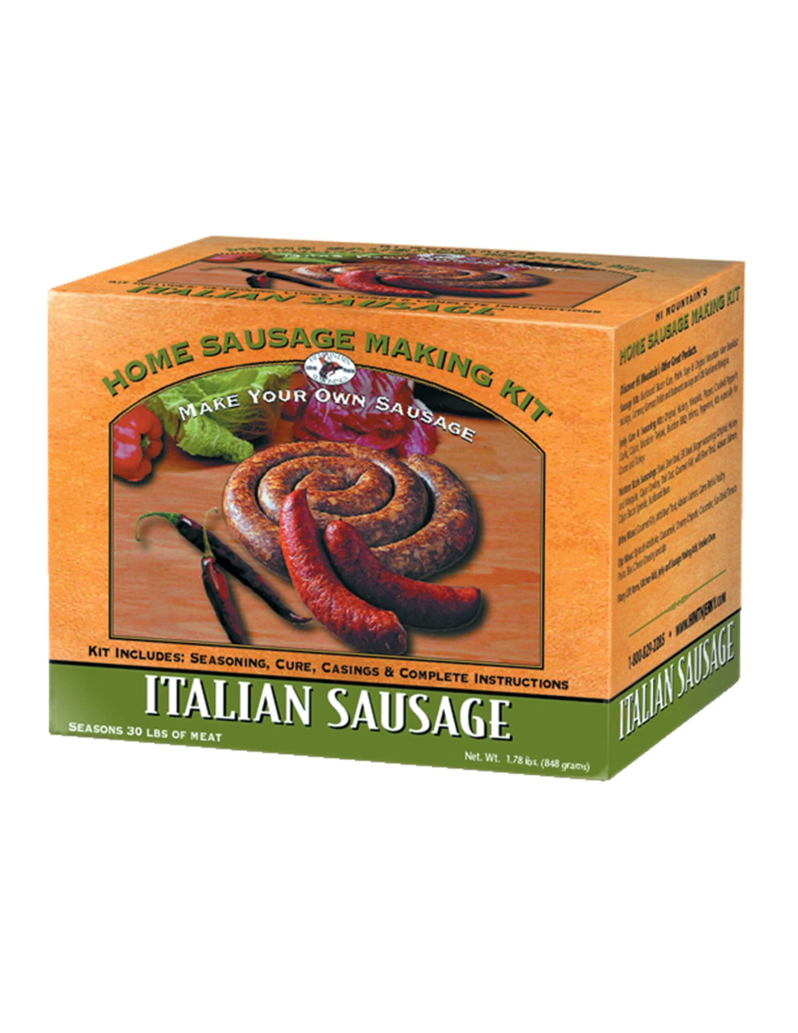 Hi Mountain Italian sausage making kit box with sausage image and green label
