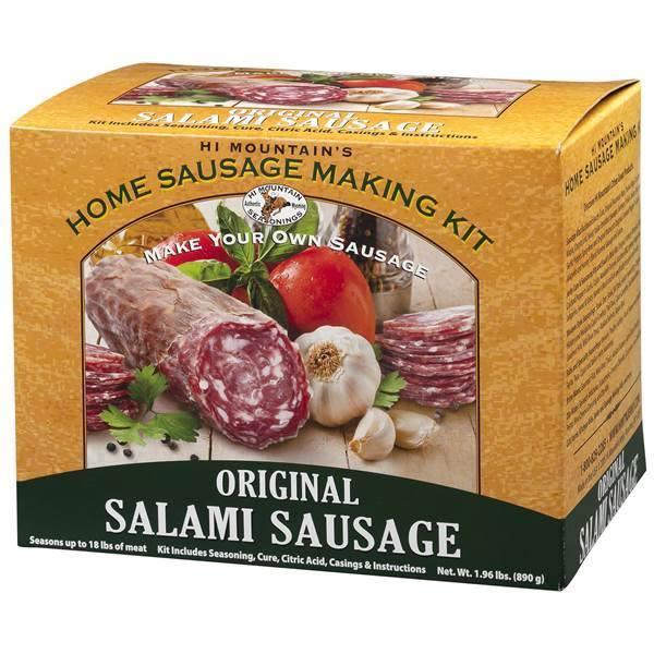 Hi Mountain Original Salami Sausage Making Kit box with salami, garlic, and herbs image