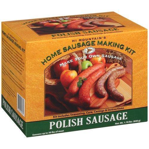 Hi Mountain Polish Sausage making kit box with sausage image and seasoning instructions