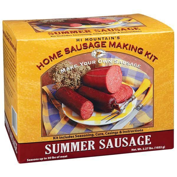 Hi Mountain home sausage making kit box for summer sausage with sausage slices on a plate