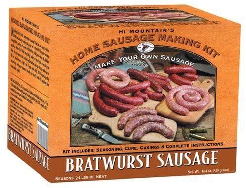 Hi Mountain home sausage making kit box for bratwurst sausage with image of sausages on cutting boards