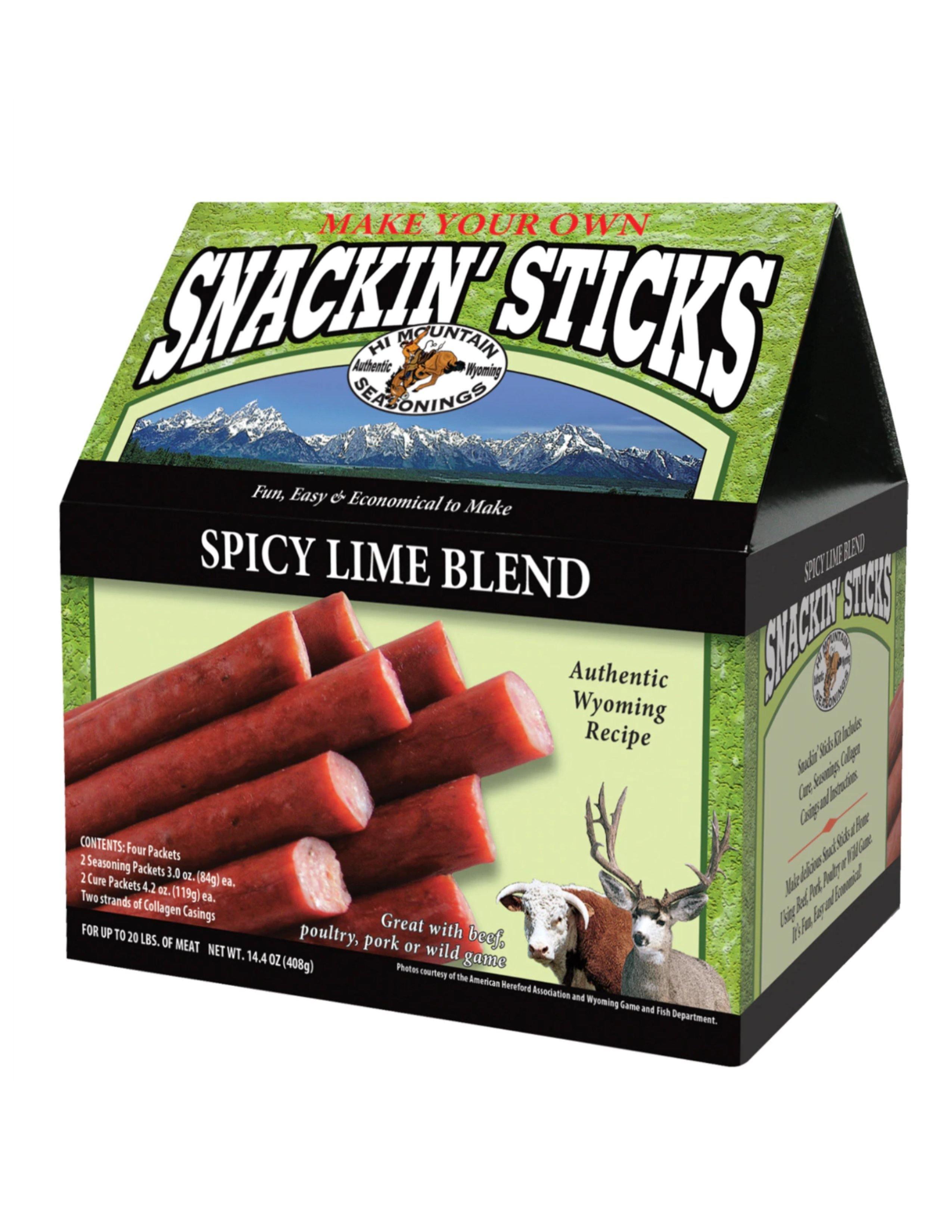 Hi Mountain Snackin' Sticks Spicy Lime Blend kit box with sausage sticks and Wyoming recipe