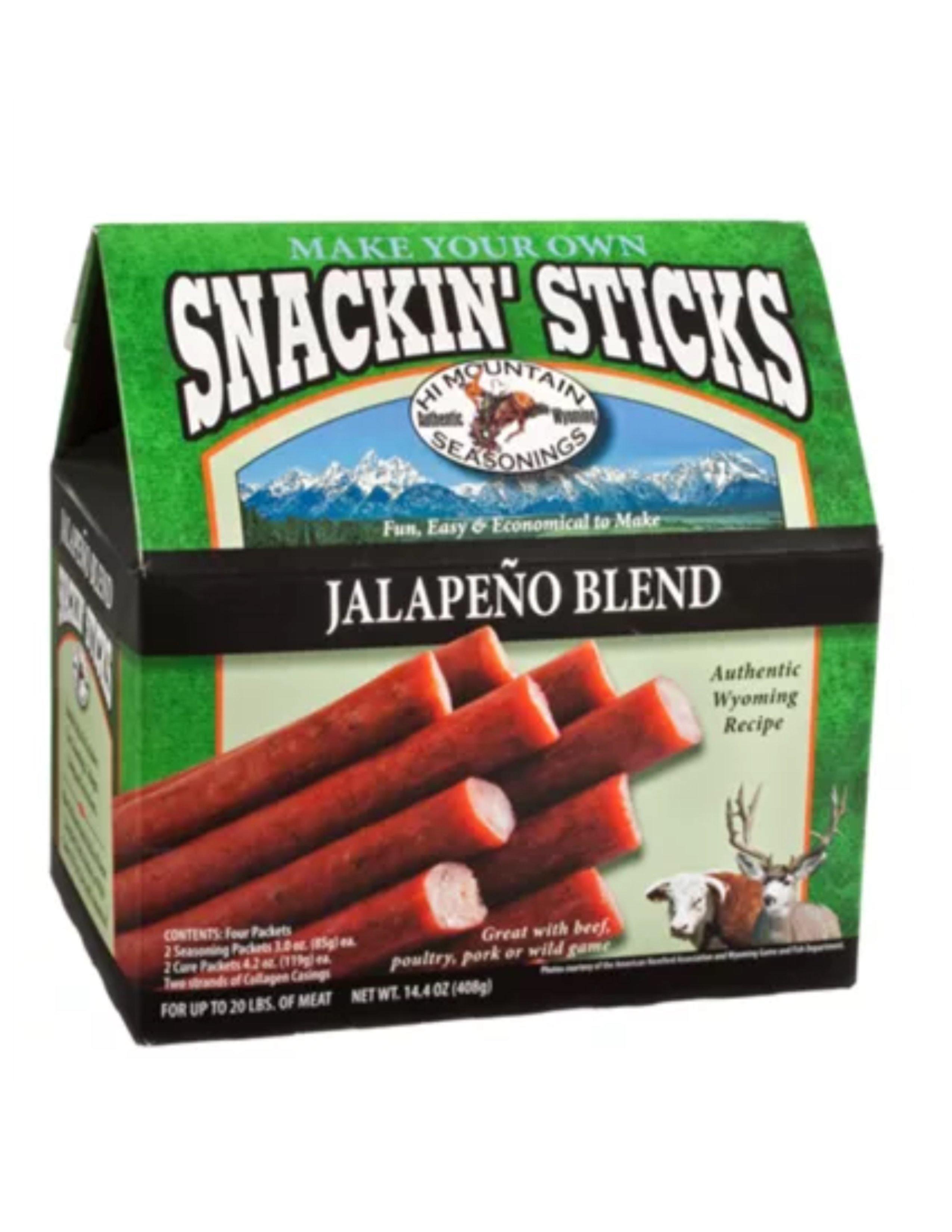 Hi Mountain Seasonings Snackin' Sticks Jalapeño Blend kit box with beef sticks and elk graphic