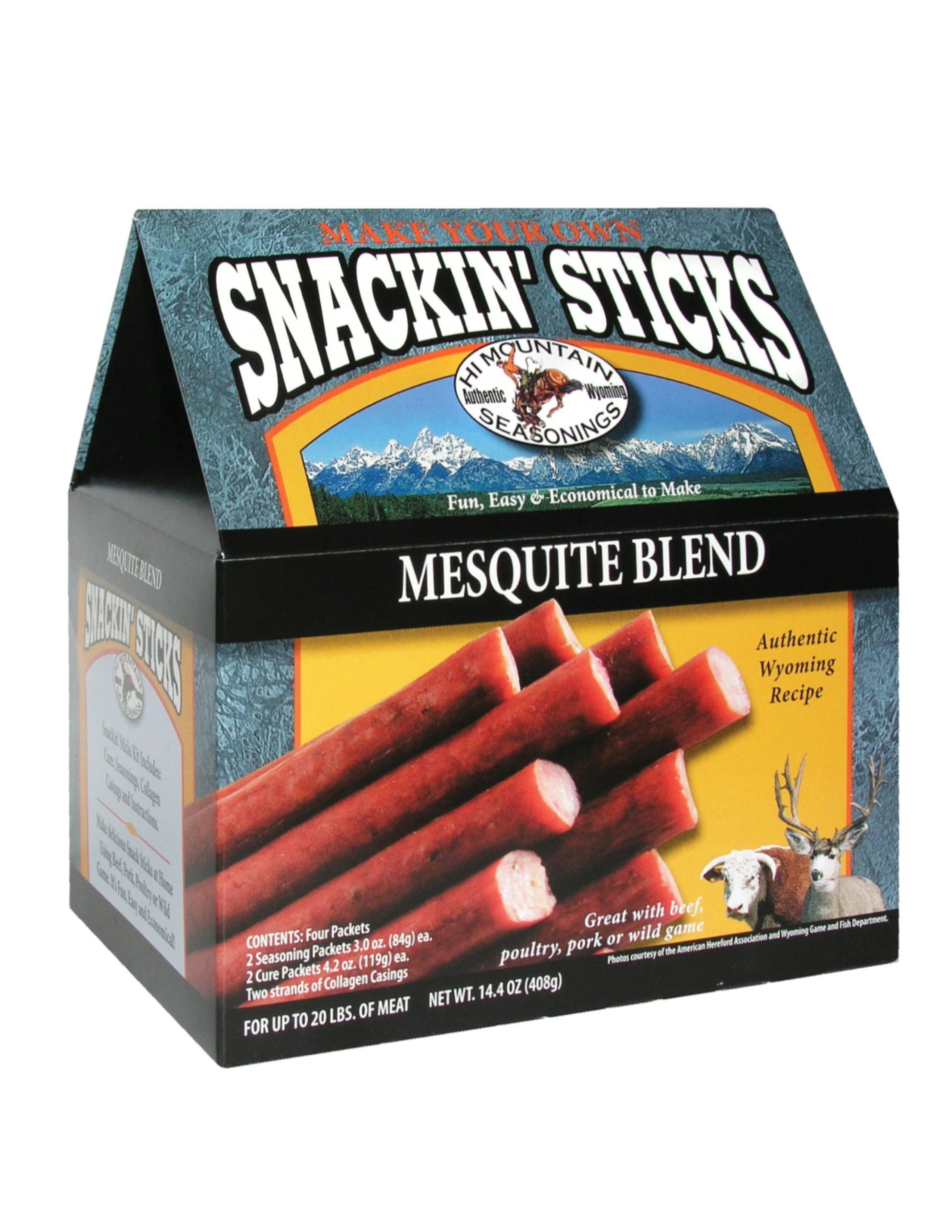 Hi Mountain Snackin' Sticks Mesquite Blend kit box with beef sticks and wildlife images