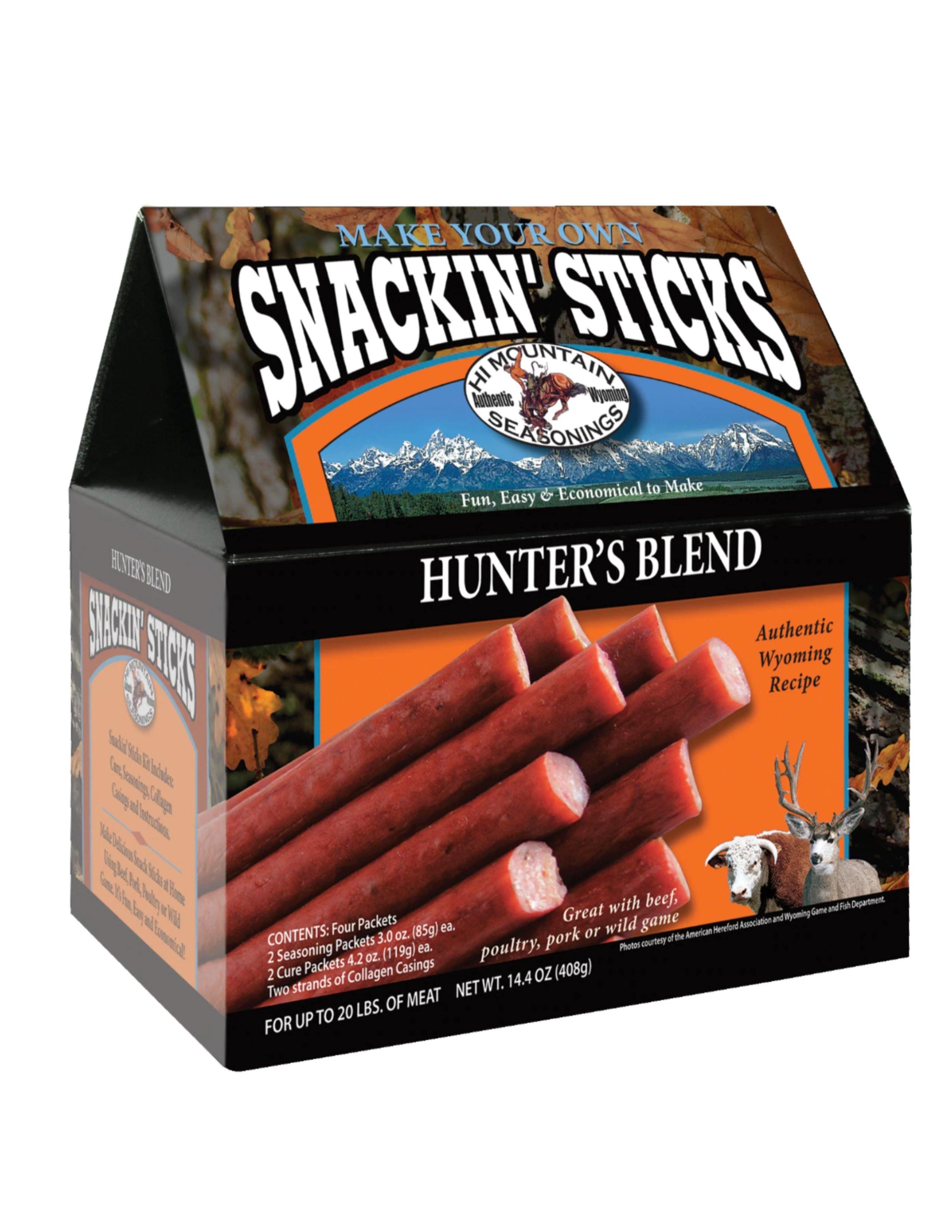 Hi Mountain Snackin' Sticks Hunter's Blend kit box with snack sticks and wildlife images